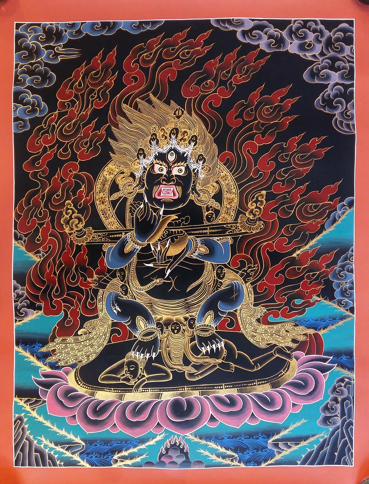 Tibet Silk Embroidery anger 3 head 6 arms Mahakala Dorje Buddha thangka tangka 