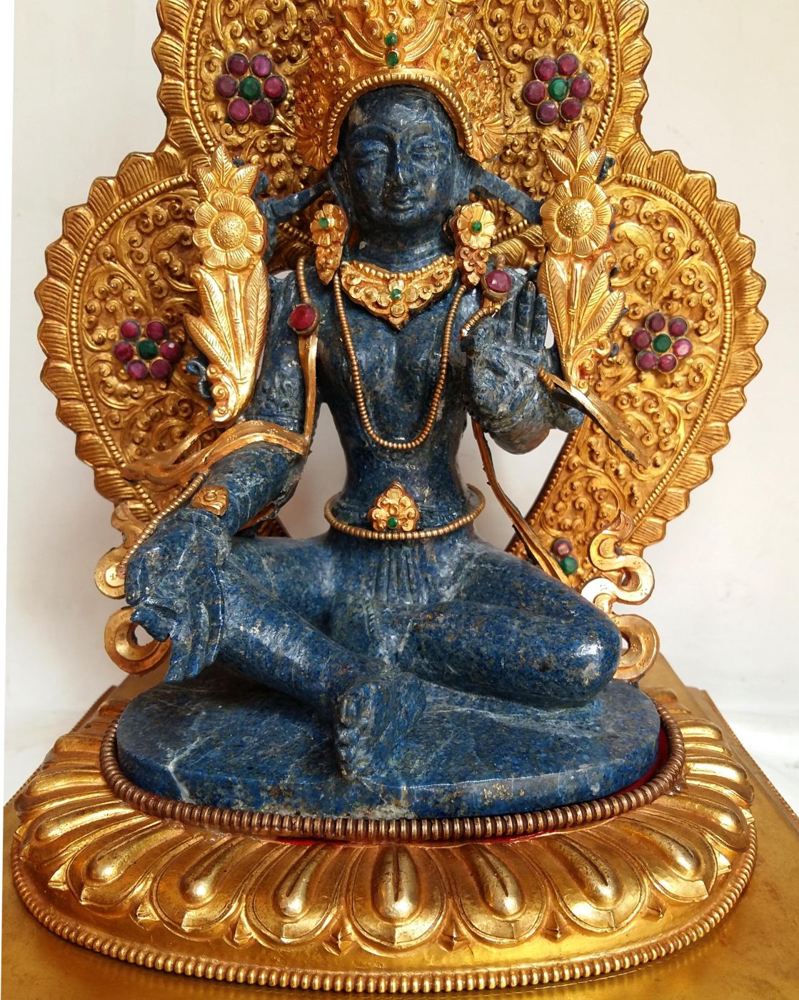 Lapis Green Tara With fire Gold Plated, Metal Background And Base