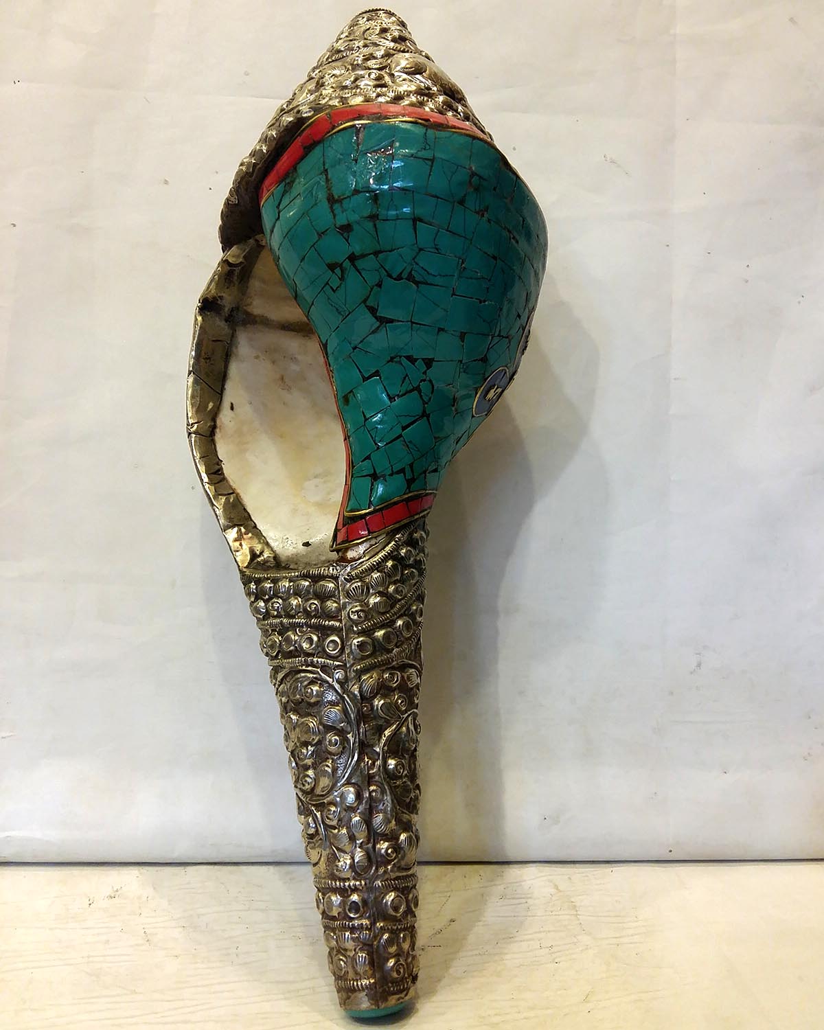 Tibetan Conch Shell With Metal And Stone Setting