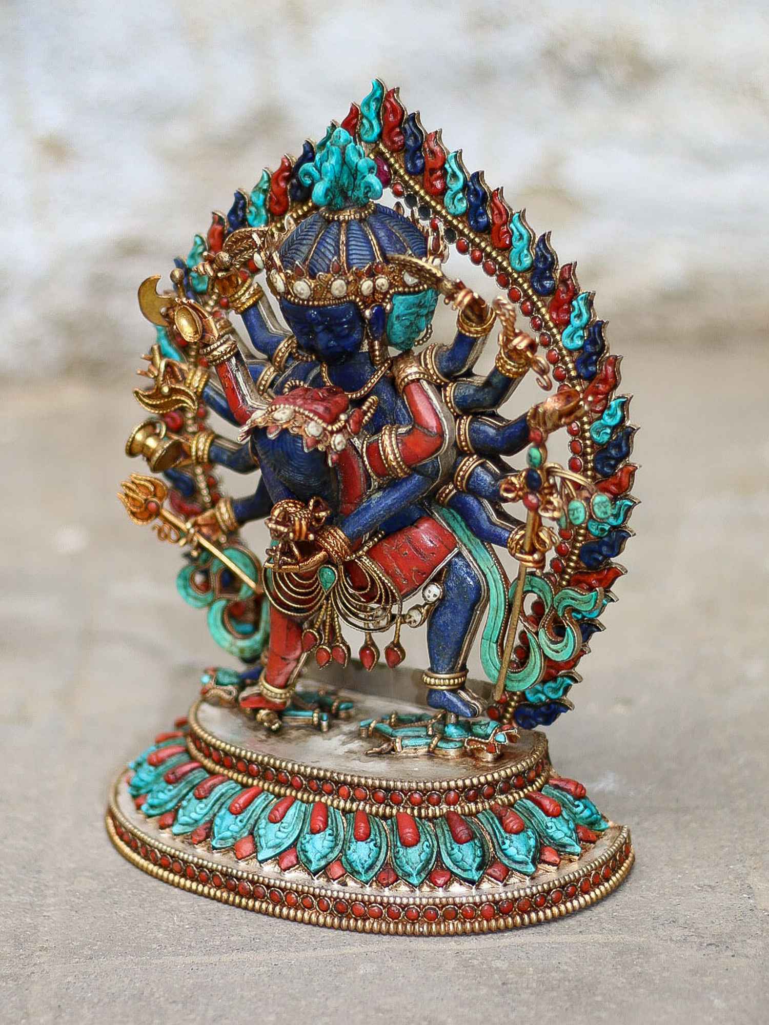 master Quality, Statue Of Chakrasamvara - Heruka Sterling Silver real Amber, real Lapis Lazuli, real Coral, real Turquoise, gold Plated Over Silver
