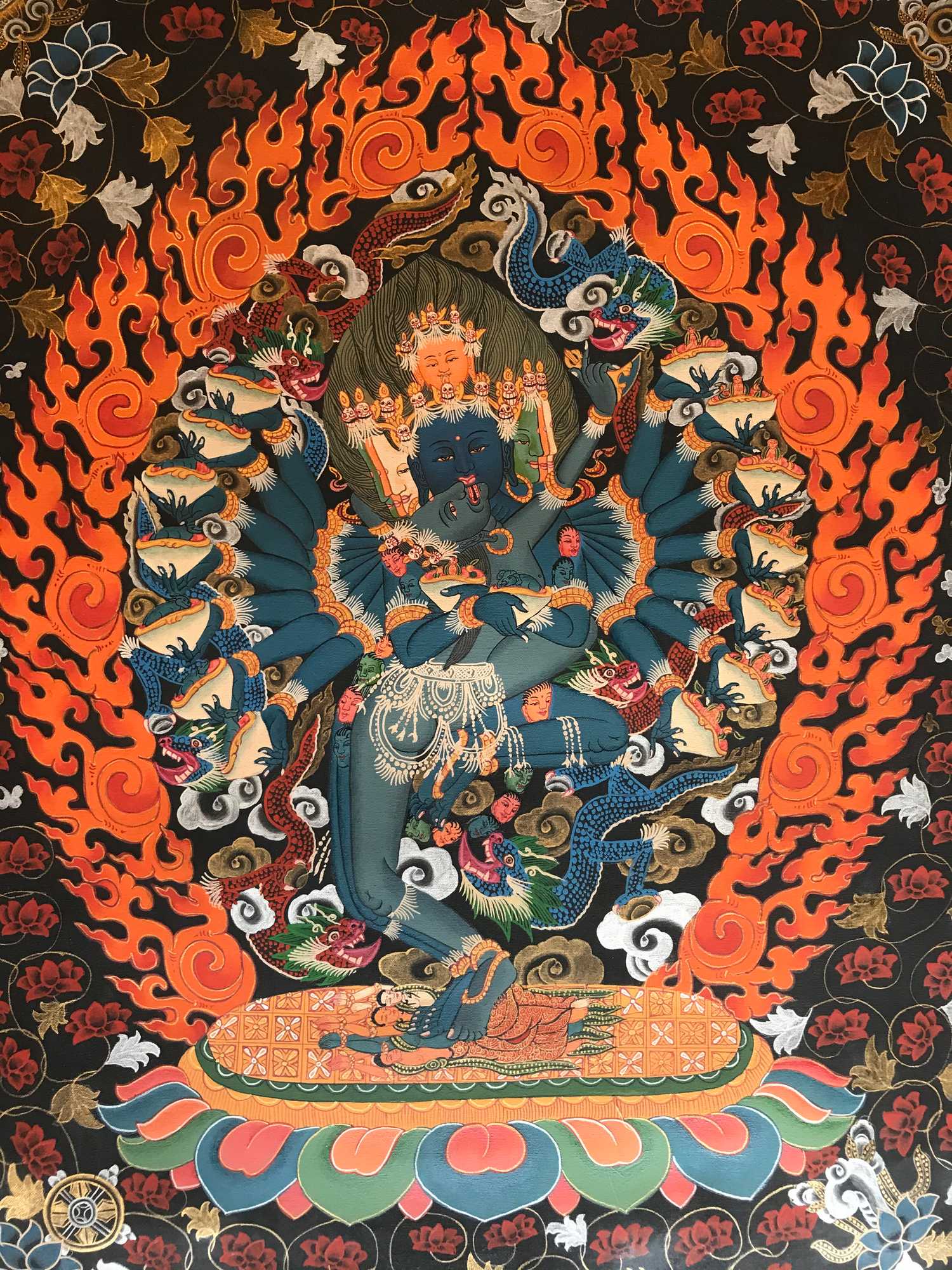 24" Tibet Buddhist Thangka Deity Vajrayana Mahesvara & Consort Brocade Scroll