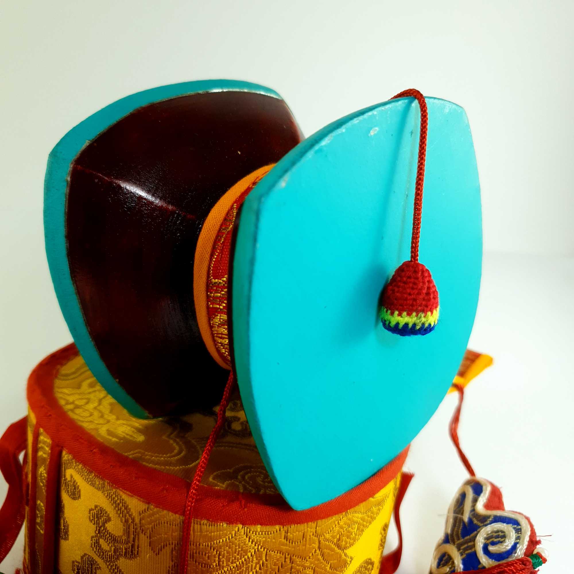 Tibetan Chod Damaru medium, Wooden And Leather, With Brocade Damaru Drum Cover And Damaru Brocade Tail