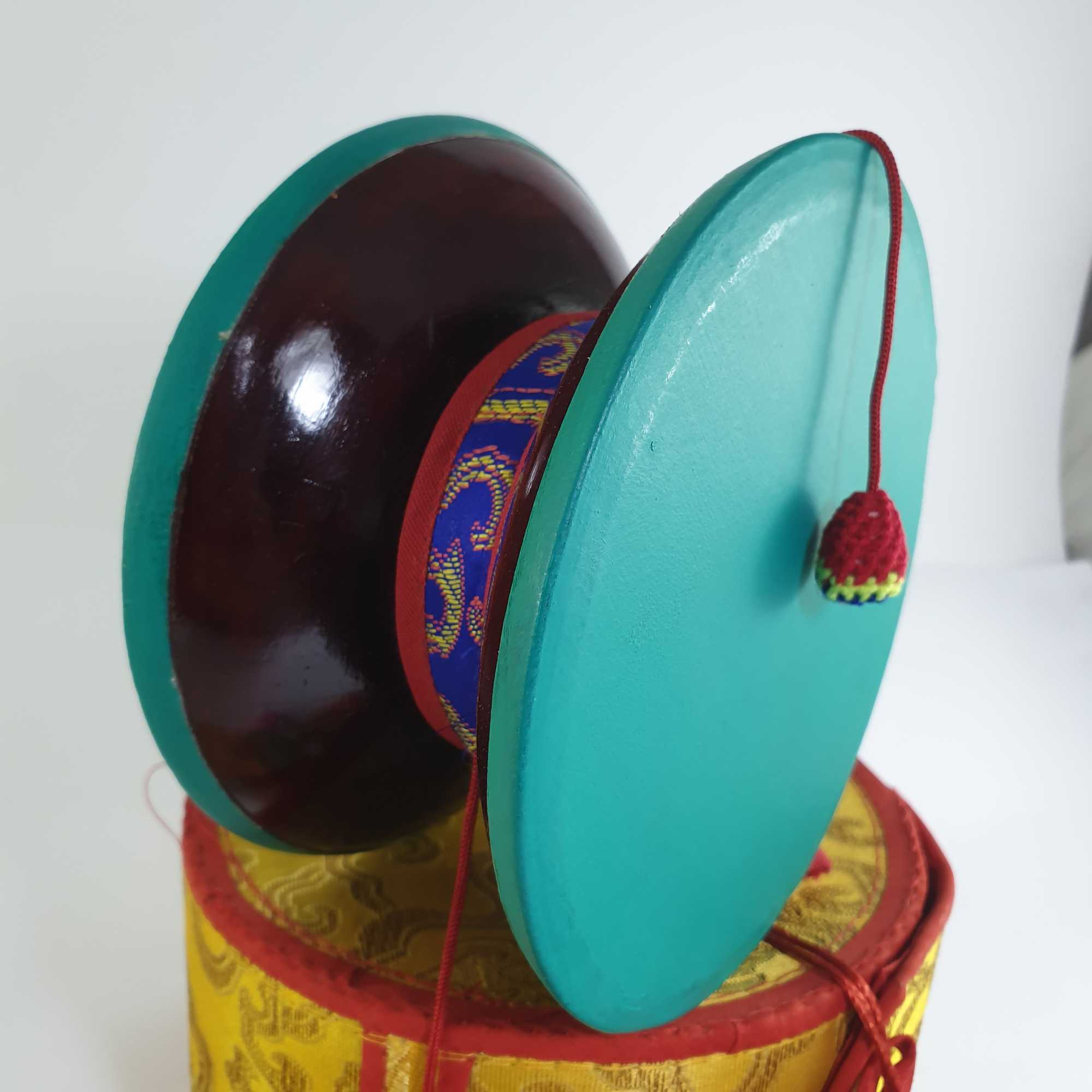 Tibetan Chod Damaru Round, medium, Wooden And Leather, With Brocade Damaru Drum Cover And Damaru Brocade Tail
