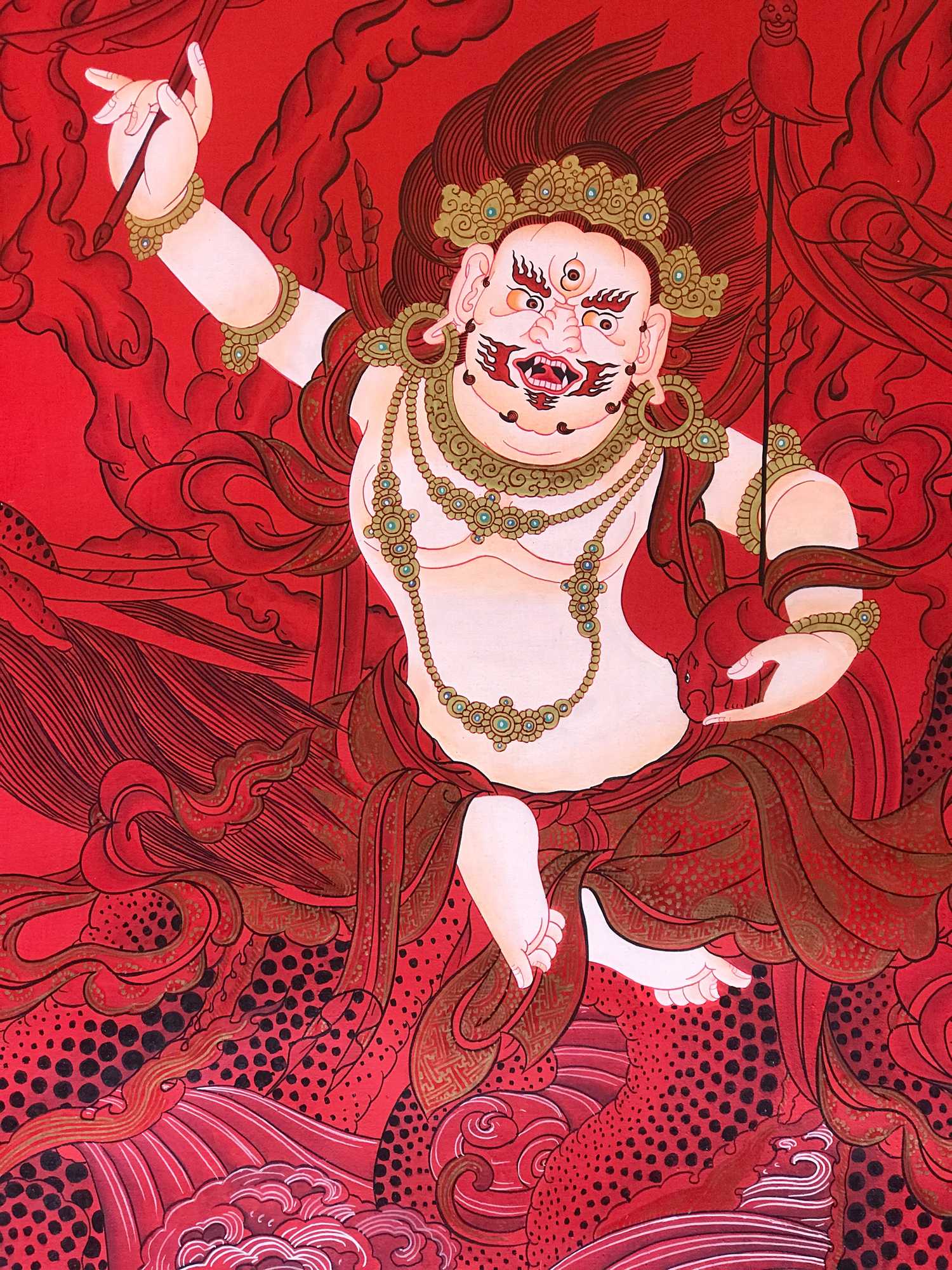 Thangka- Figures : Tibetan Thangka Of Jambhala, Red , USD: $100, Size cm, Material Canvas