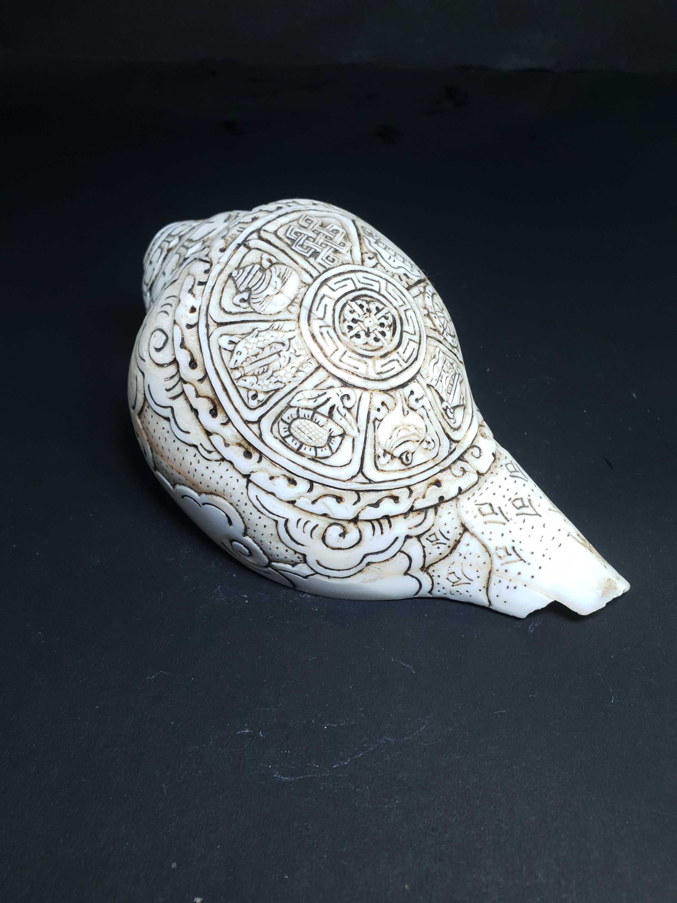 Tibetan Conch Shell With Ashtamangala S hand Carved