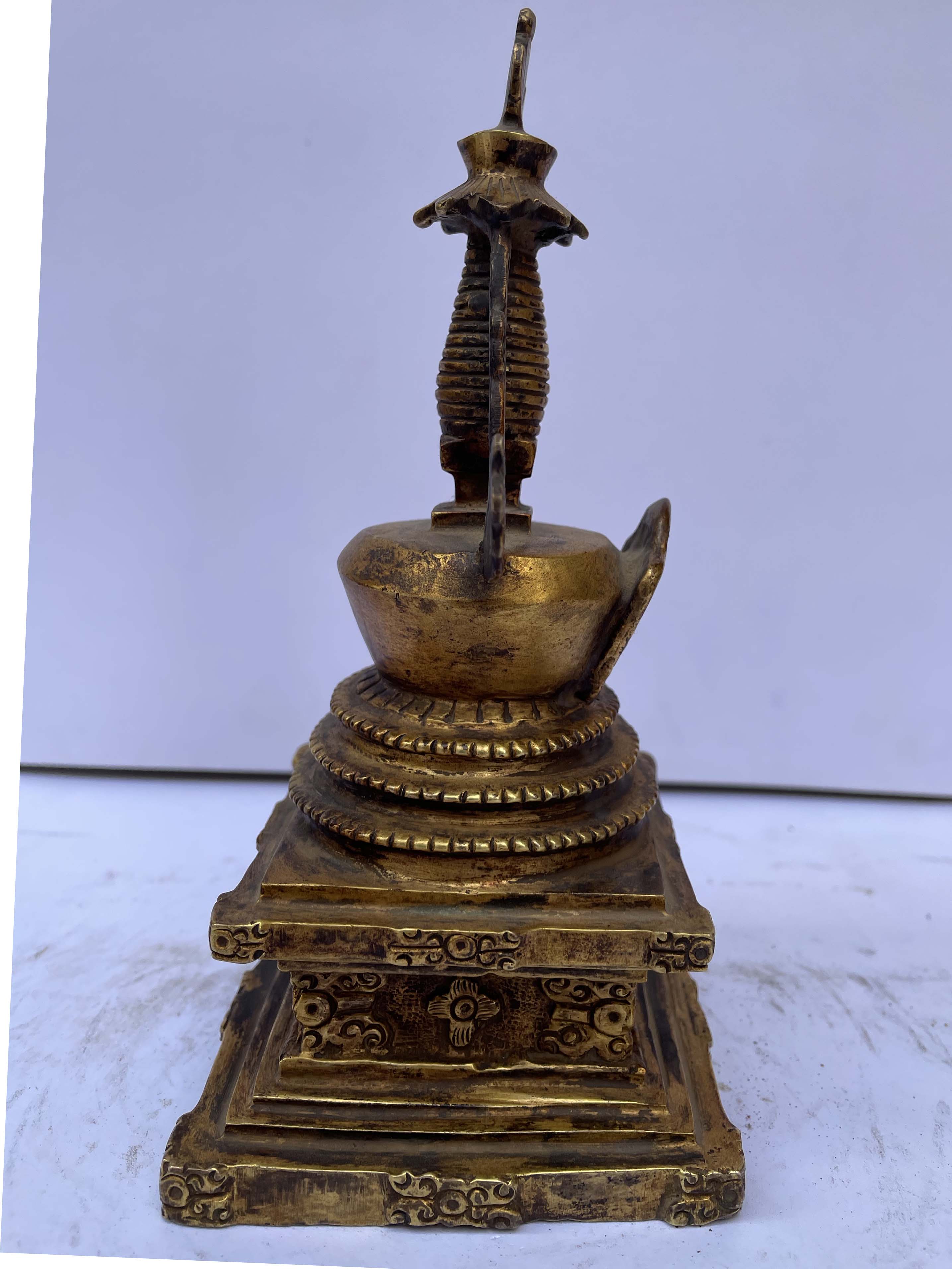 Buddhist Stupa Statue Chaithya Small Wood Décor Blessing Dashboard Hand Carved 