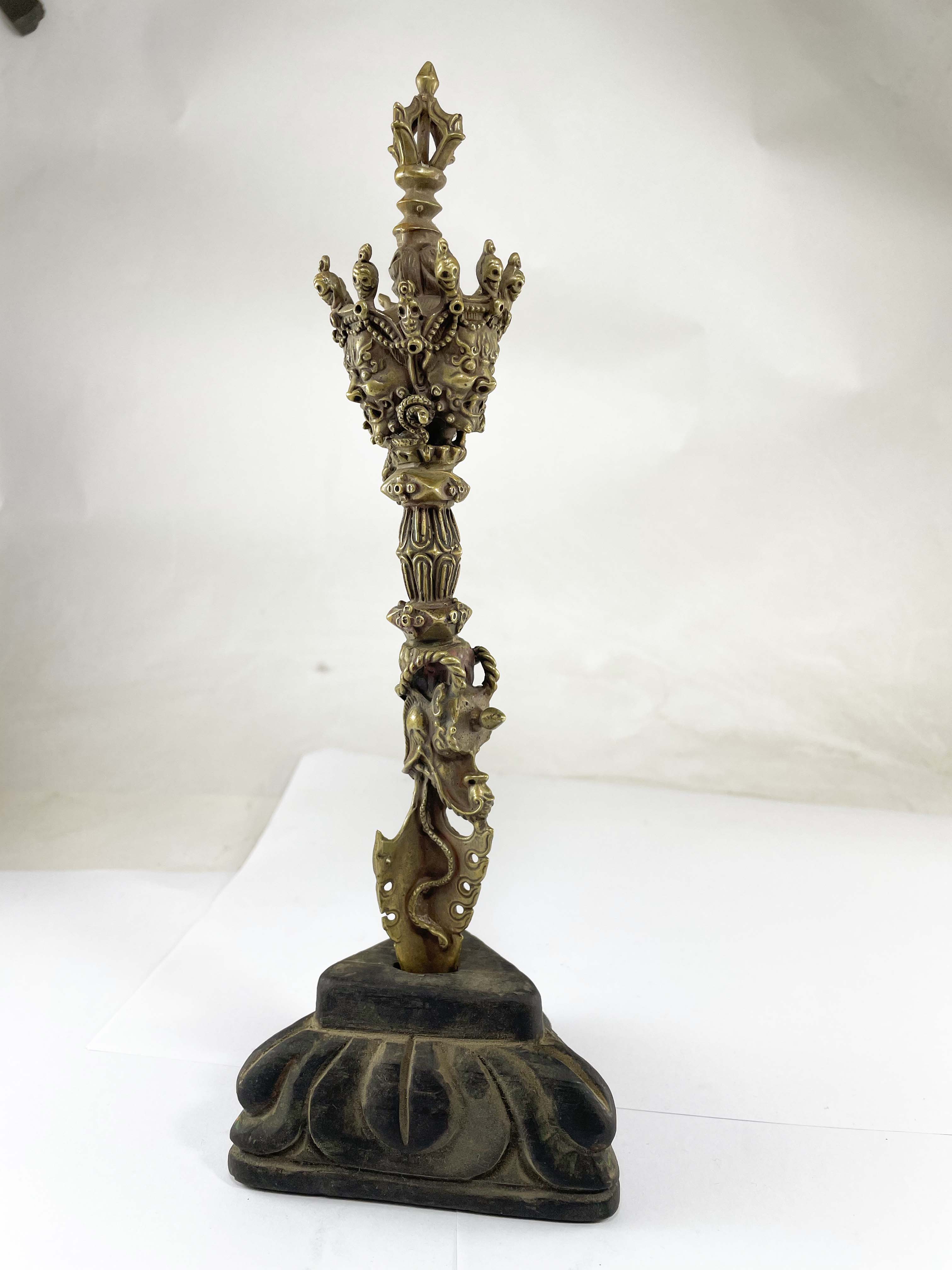 Bronze Vajrakilaya - Heruka 3 Head Phurba On Wooden Base