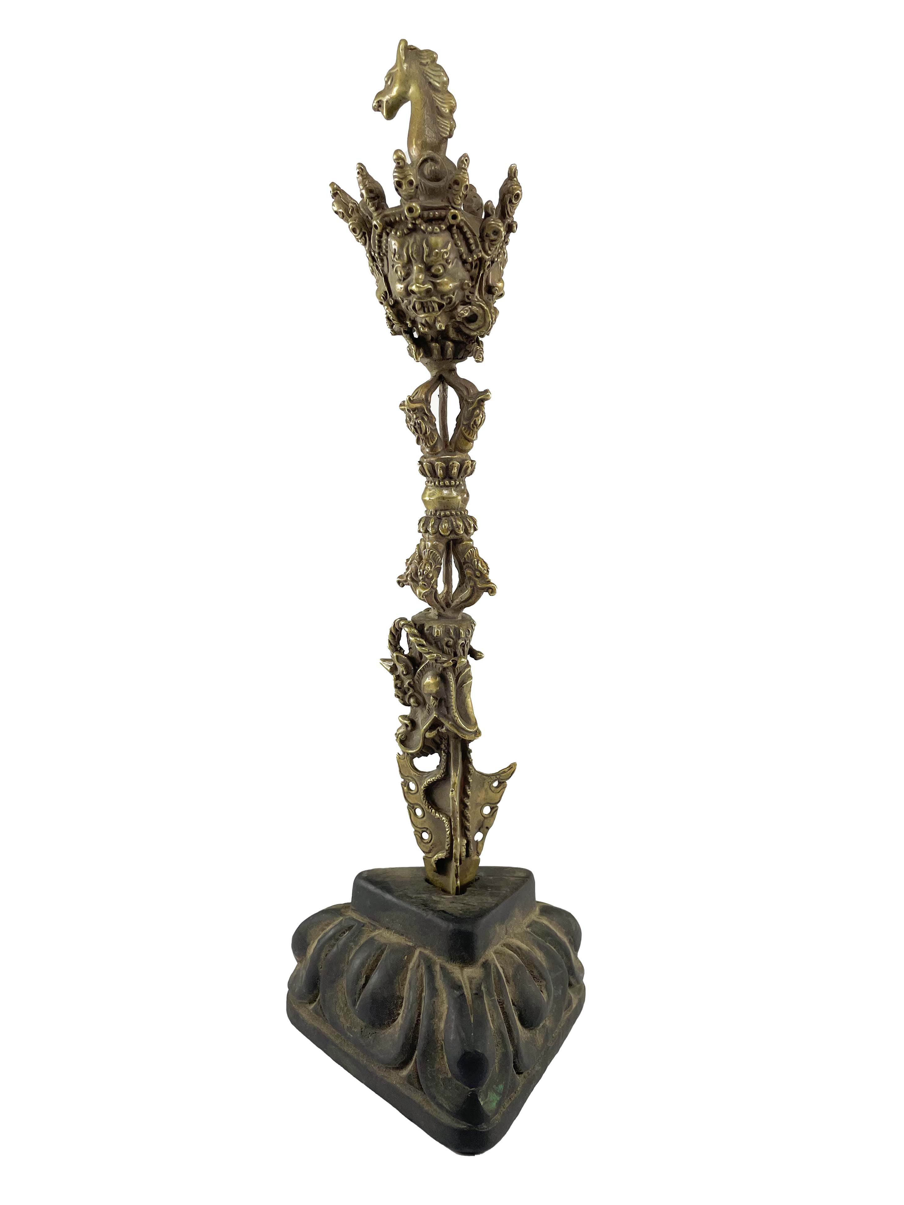 Bronze, Hayagriva - Heruka Phurba With Dorje And Makar On A Wooden Stand Bronze Finishing.