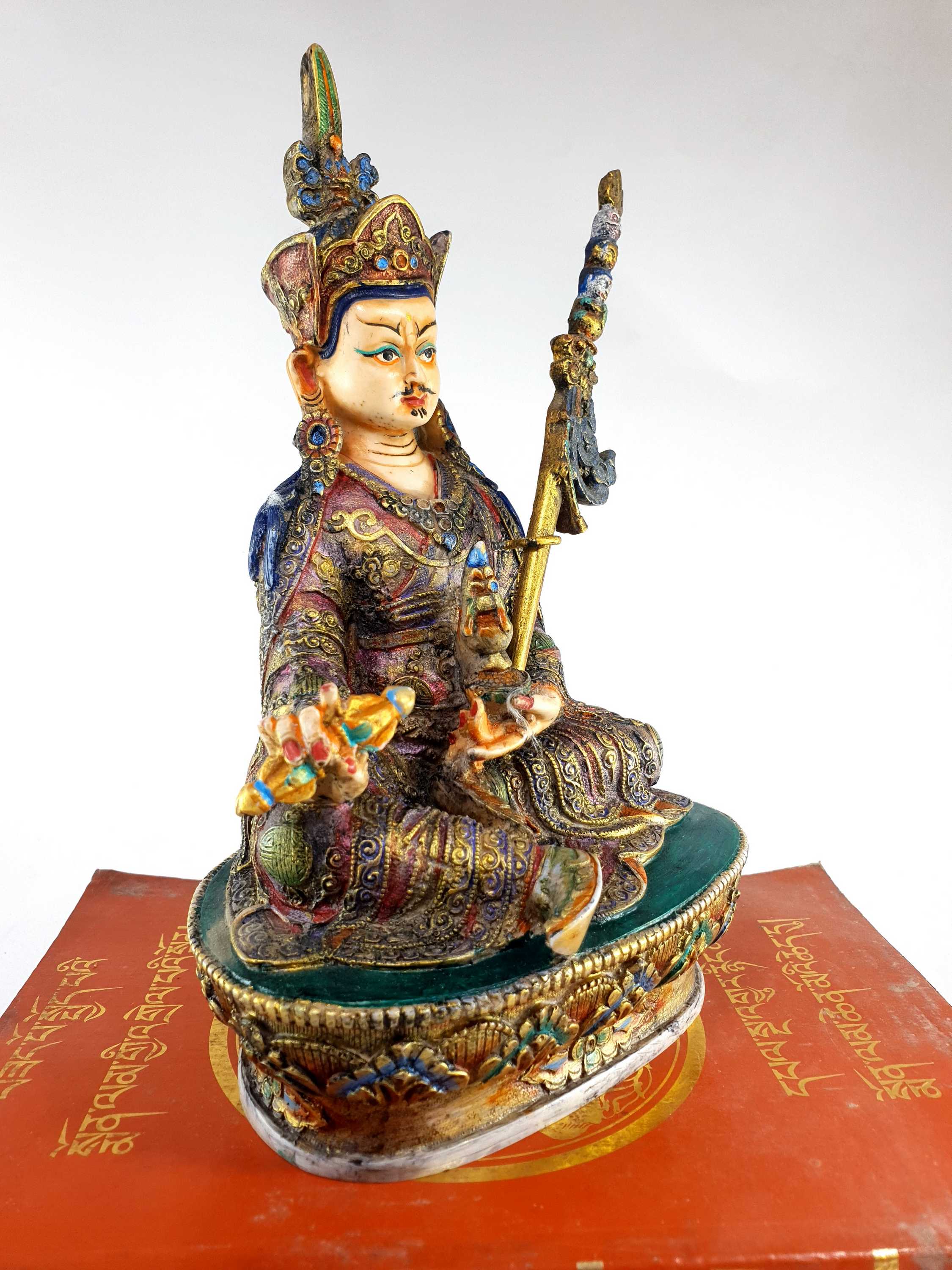 Resin Statue Of Padmasambhava traditional Color Painted, white And Green