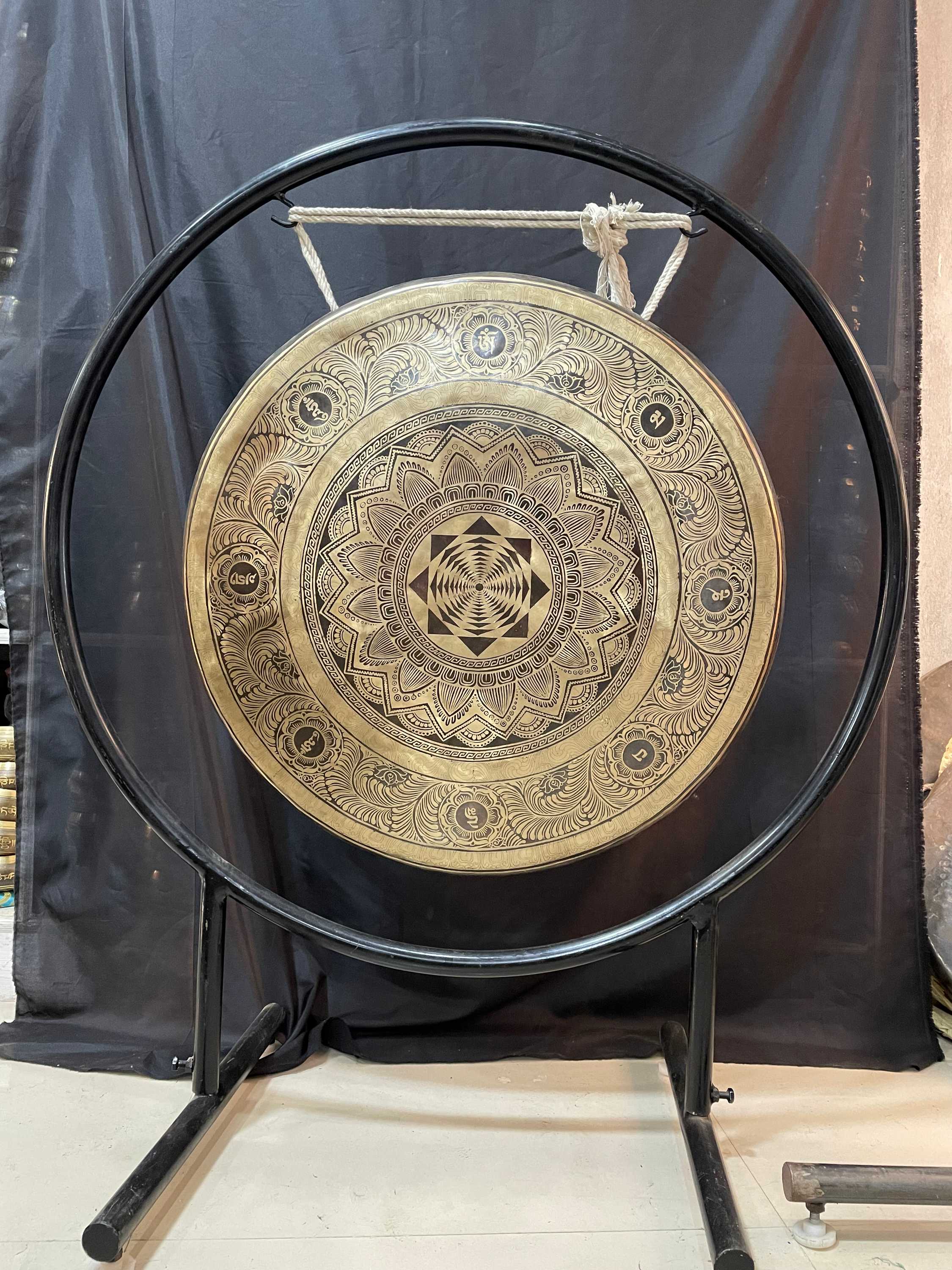 Tibetan Gong With Stand, mandal Etching, Gong Size 65 X 5 Cm, Gong Weight 11kg