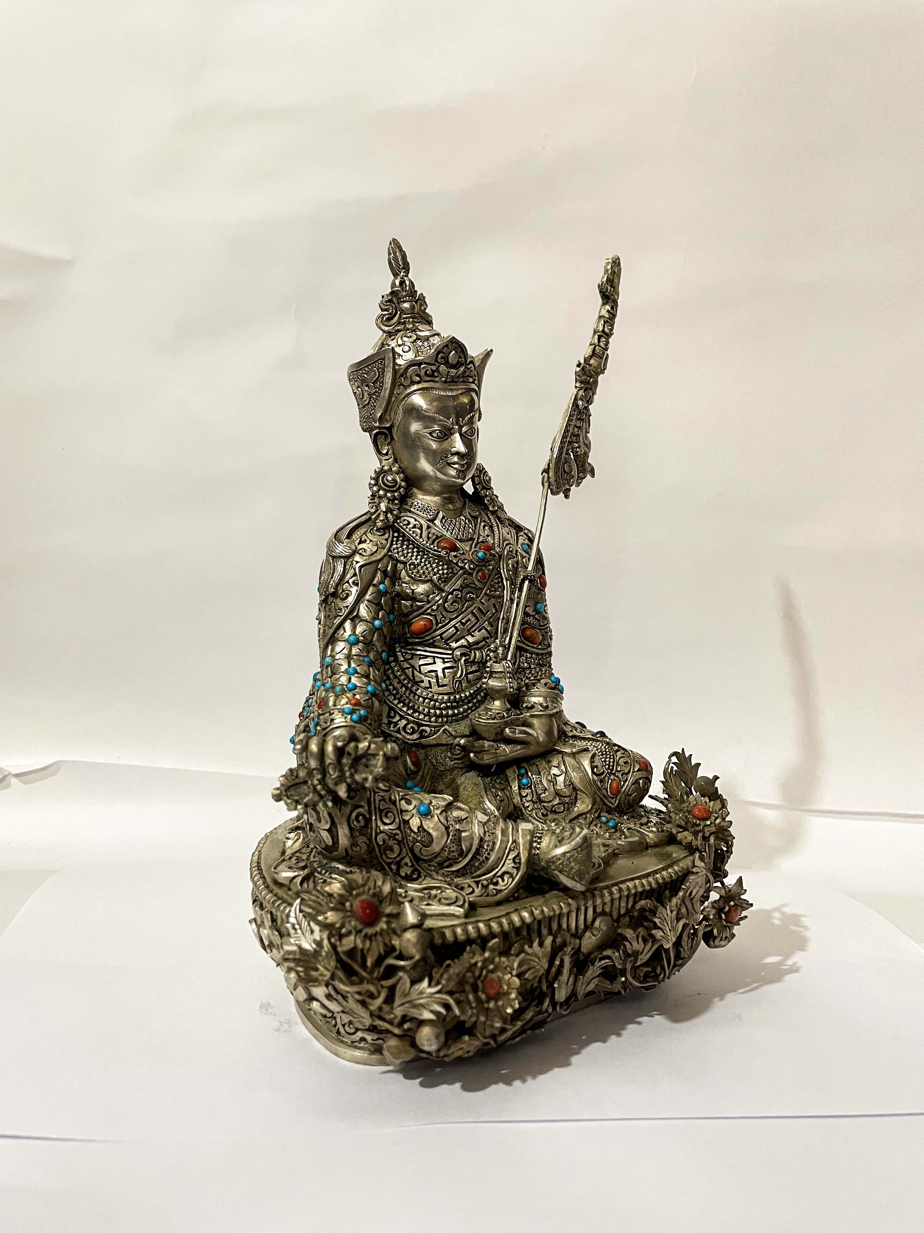 master Quality, Buddhist Statue Of Padmasambhava, full Silver Statue, Stone Setting, rare Find