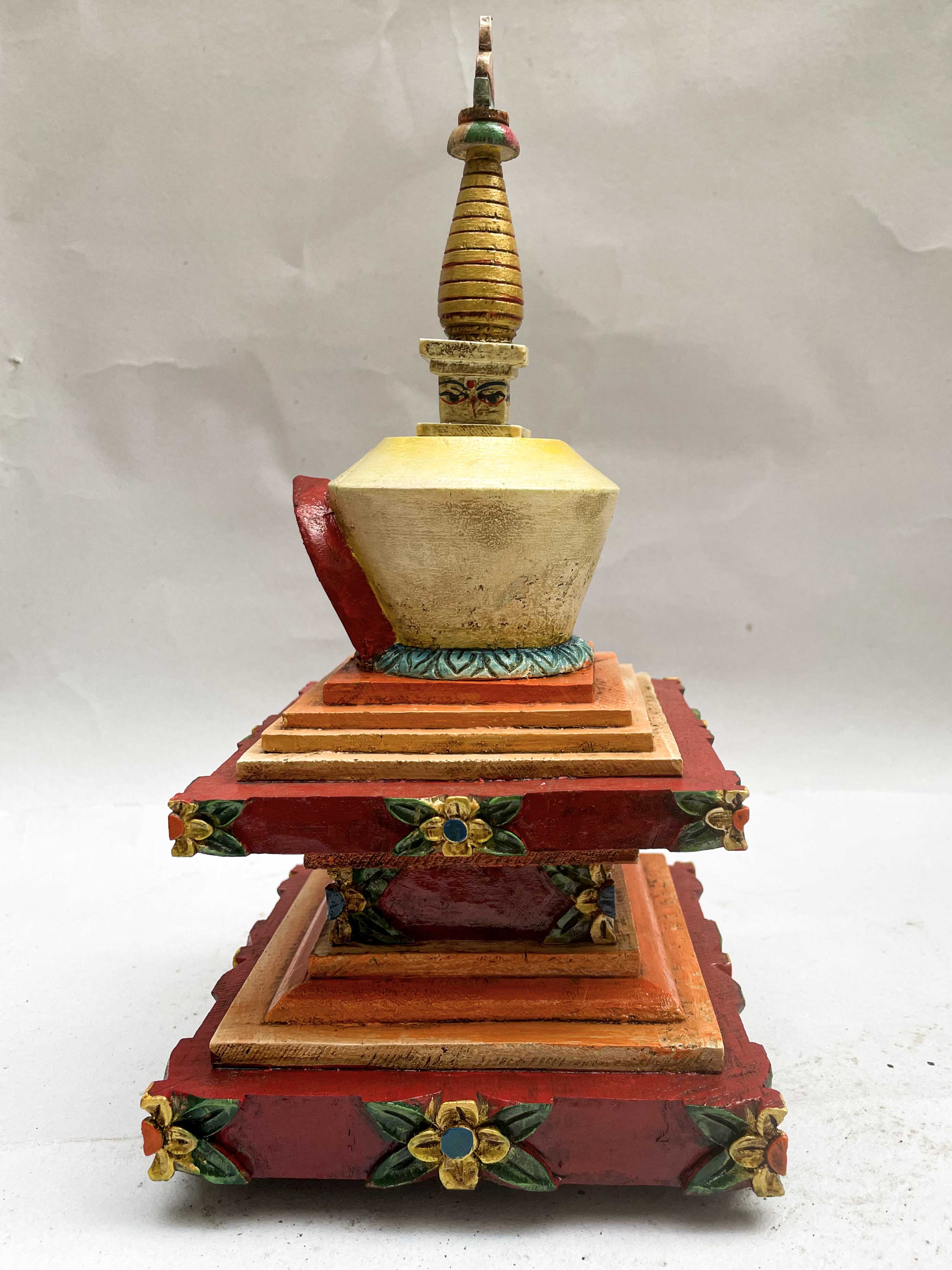 Buddhist Wooden Statue Of Stupa, With Shakyamuni Buddha, traditional Color Finishing