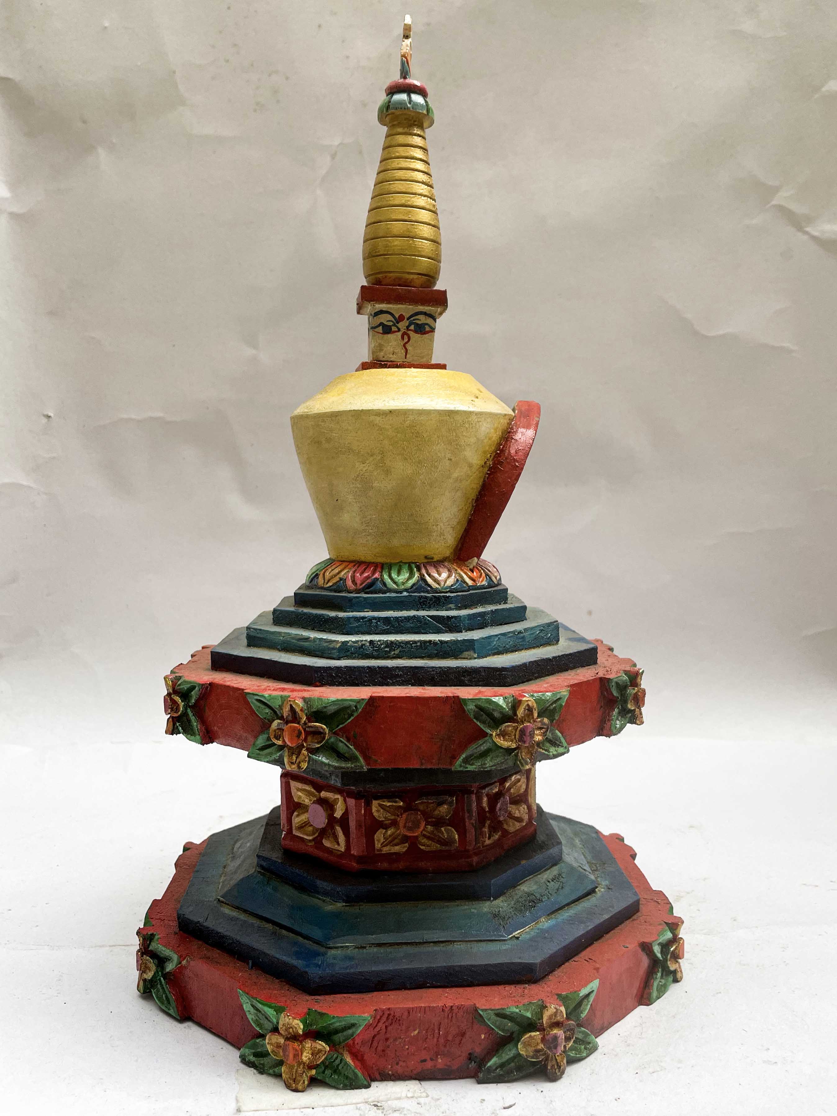 Buddhist Wooden Statue Of Stupa, With Blessing Buddha, traditional Color Finishing