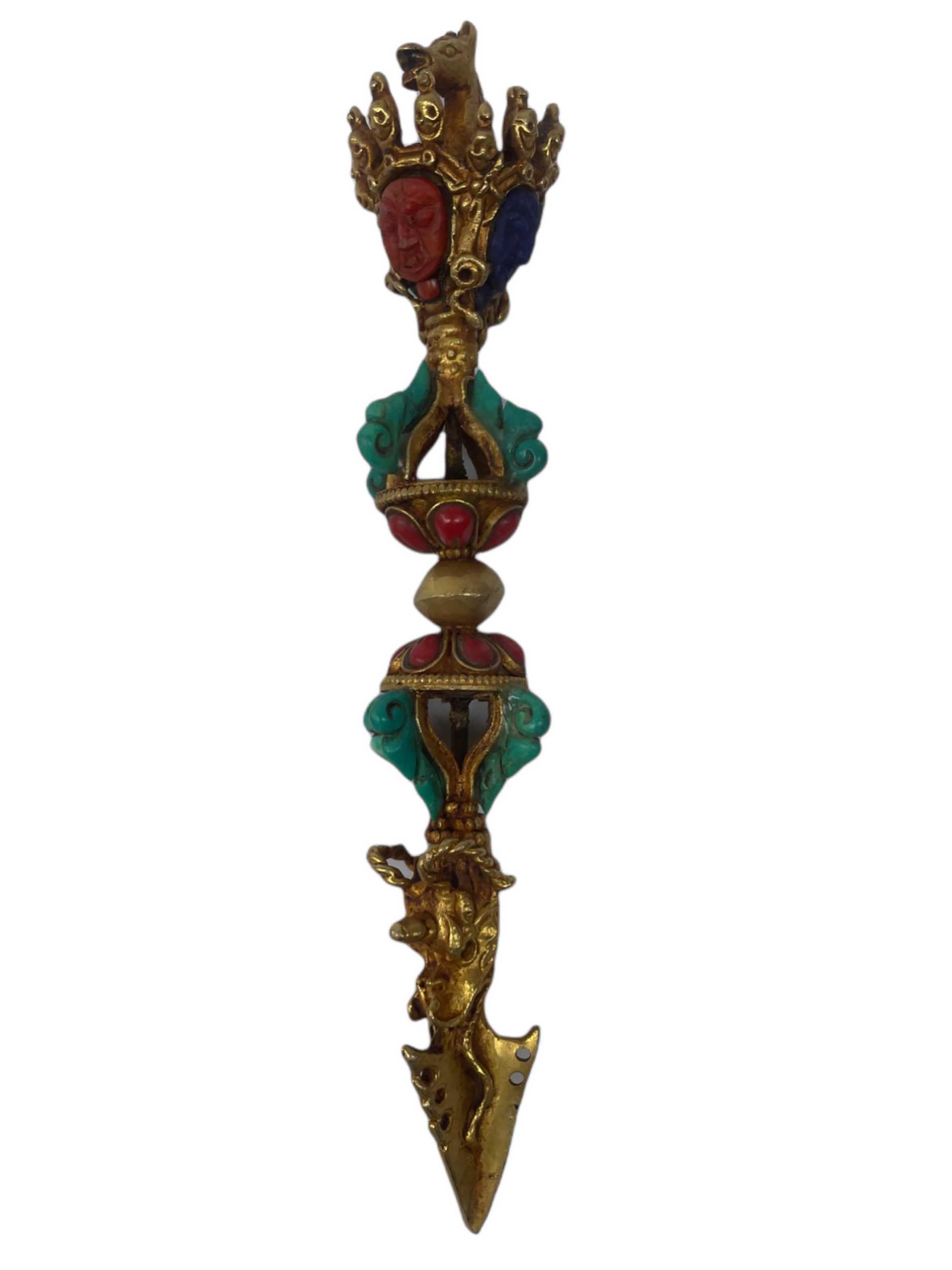 Tibetan Statue Of Phurba, gold Plated, Stone Setting,turquoise, Coral, Lapis,