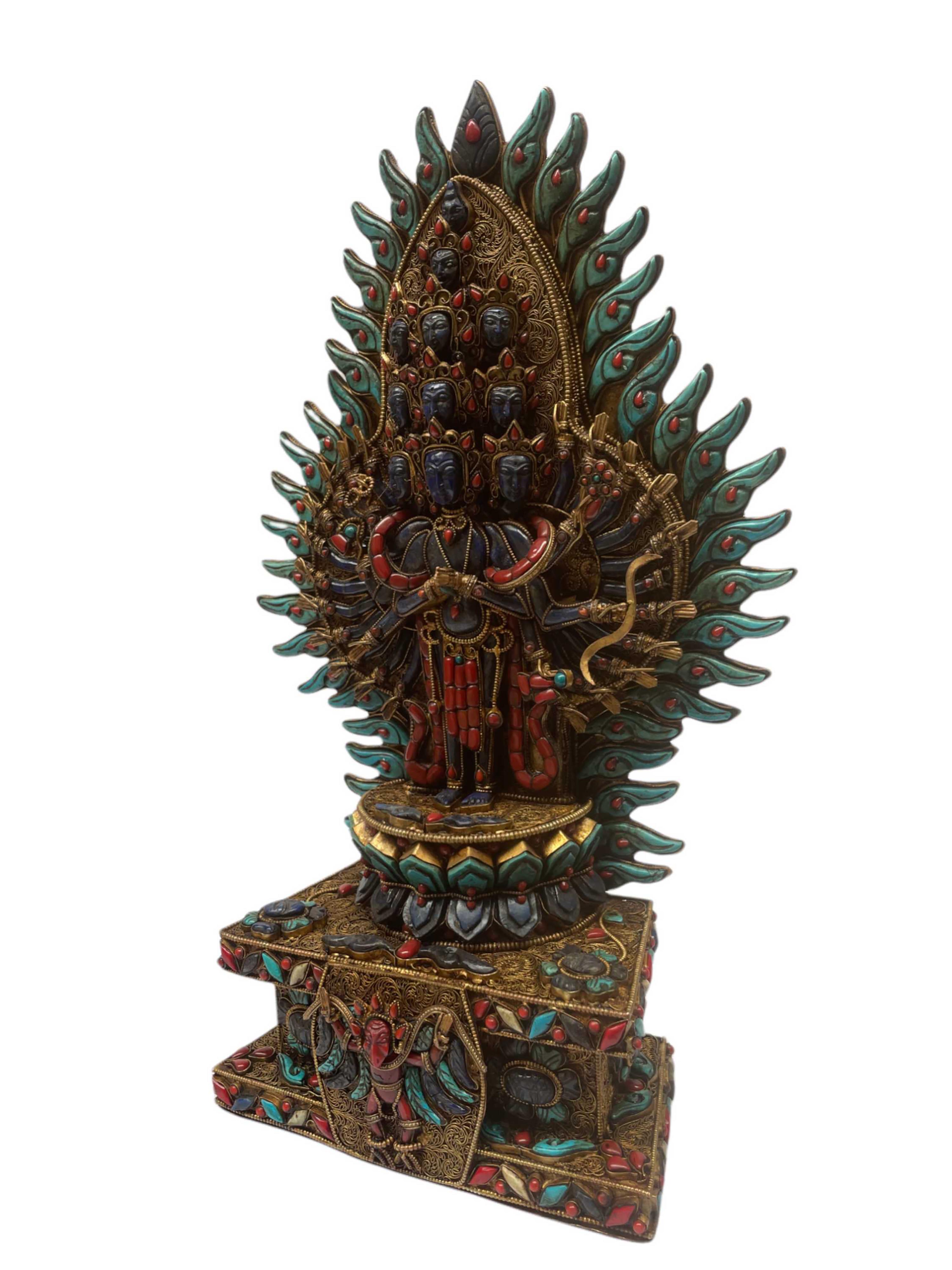 Tibetan Statue Of Sahasrabhuja Avalokitesvara, stone Setting, Oxidized