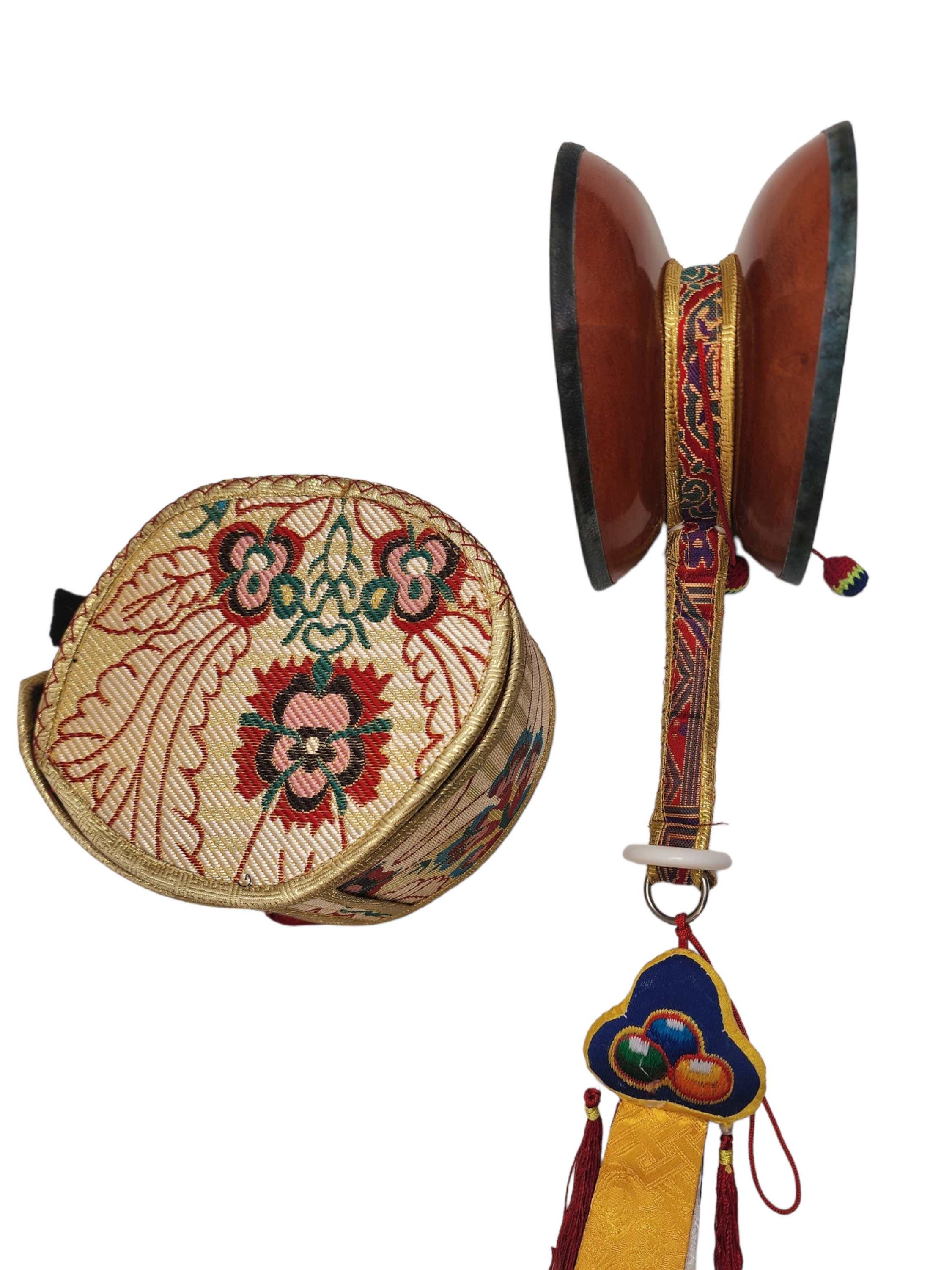 Chod Damru, The Tibetan chod Damaru, medium Quality A Traditional Musical Instrument From Tibet, high Quality Wood With Brocade Cover And Tail