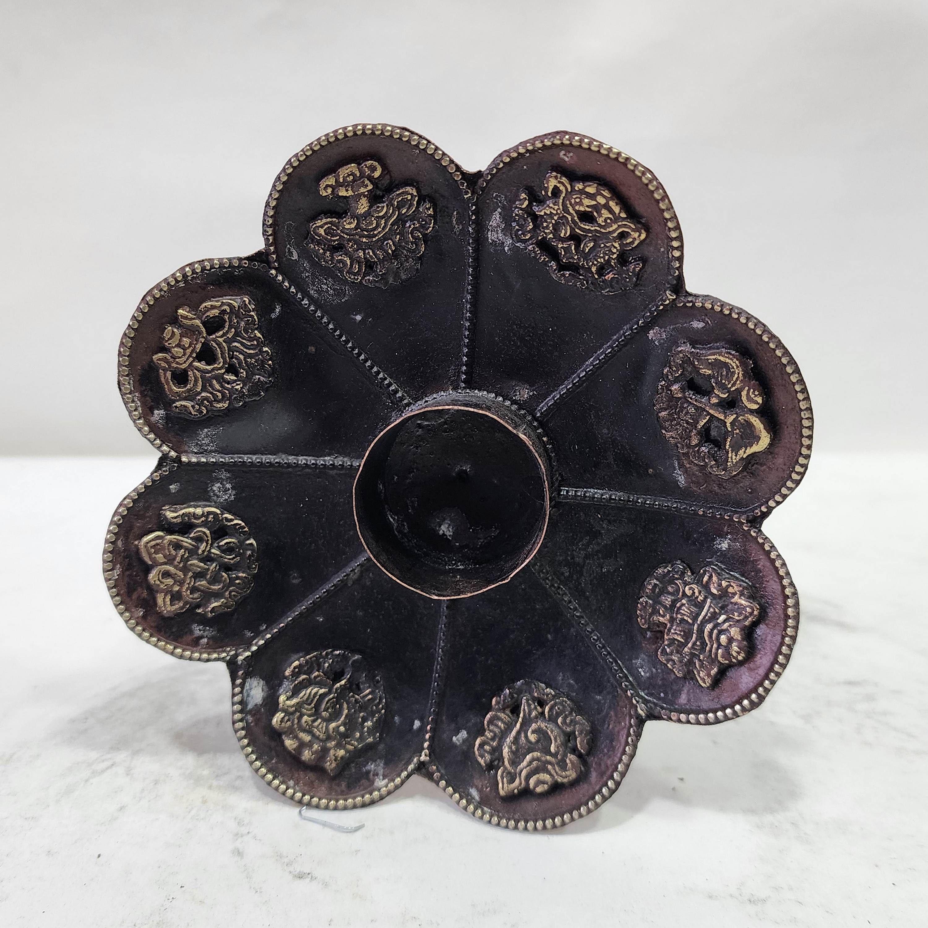 Hand Beaten Metal Incense Burner Lotus Flower Design Stand, Chocolate Oxidized