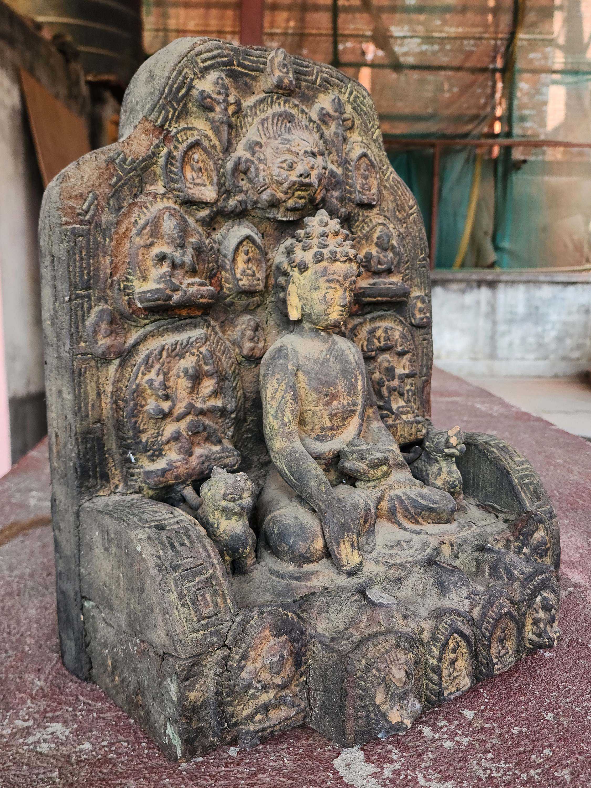Buddhist Handmade Clay And Wooden Statue Of Shakyamuni Buddha On Throne antique