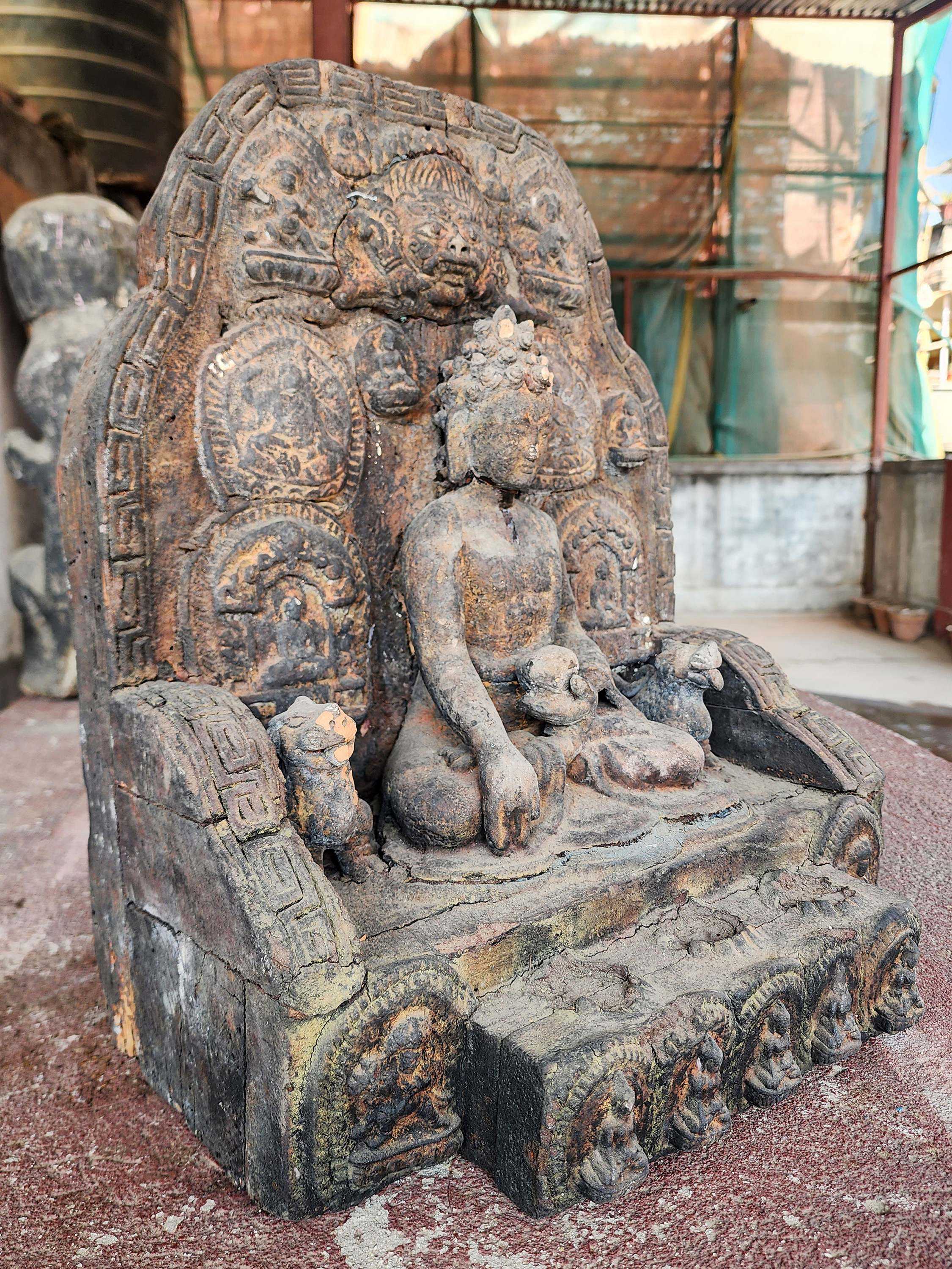 Buddhist Handmade Clay And Wooden Statue Of Shakyamuni Buddha On Throne antique