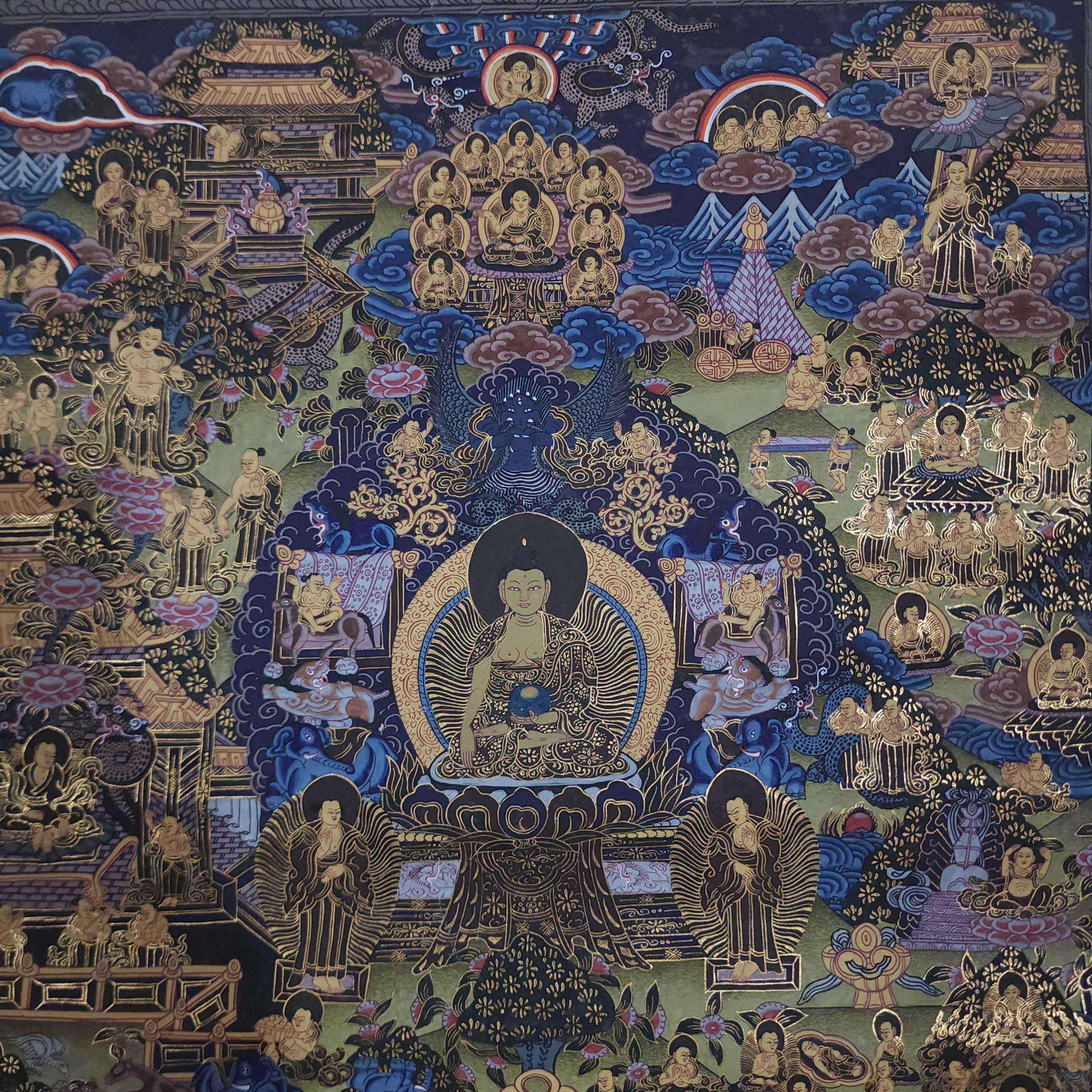 old Stock, Buddha Life Story Thangka, Buddhist Handmade Thangka, Hand Painted, Antique, Real Gold