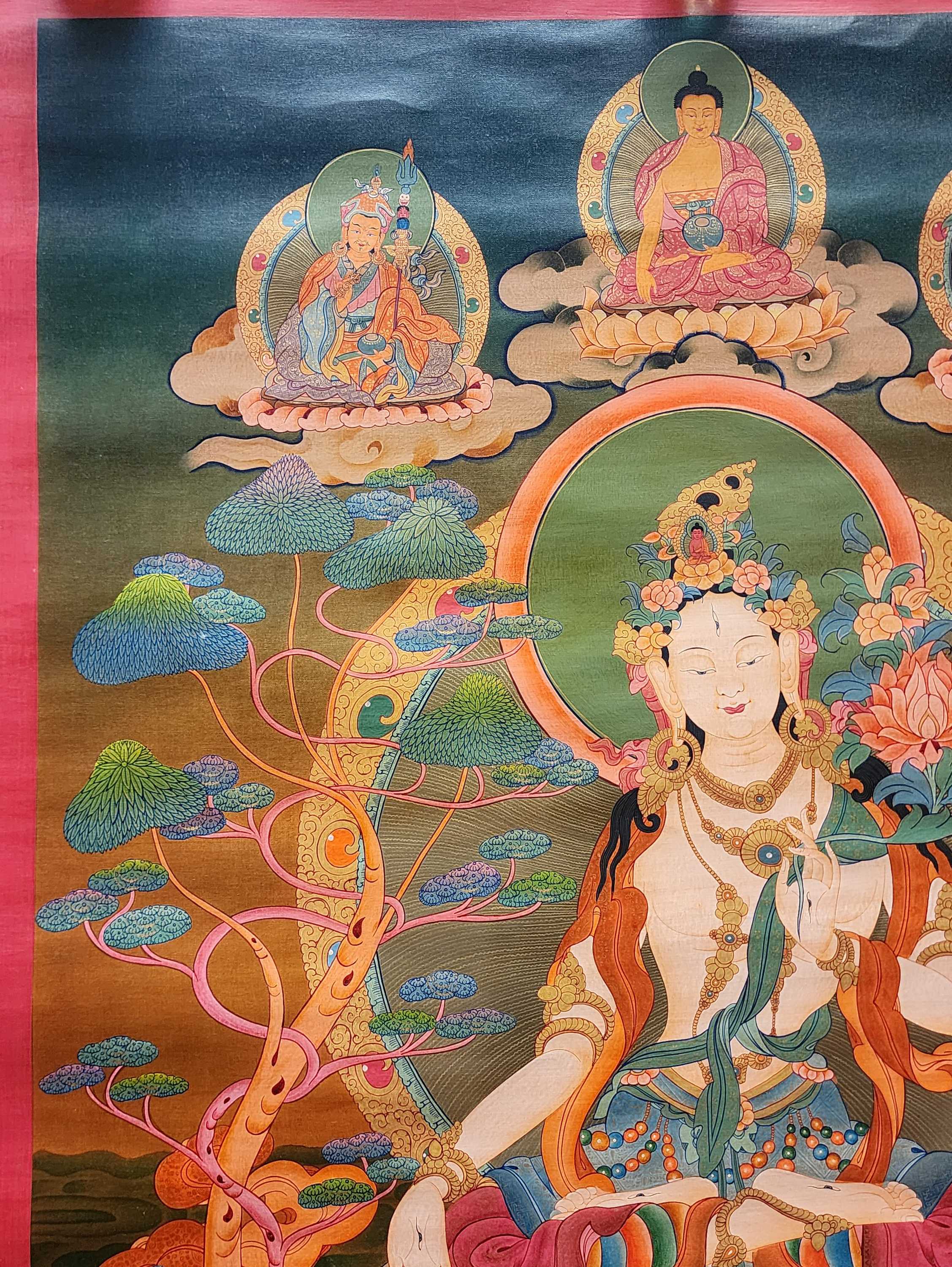 White Tara Thangka, master Quality, Buddhist Traditional Painting, Tibetan Style, Three Long Life Deities, real Gold, oiled Thangka, old Stock