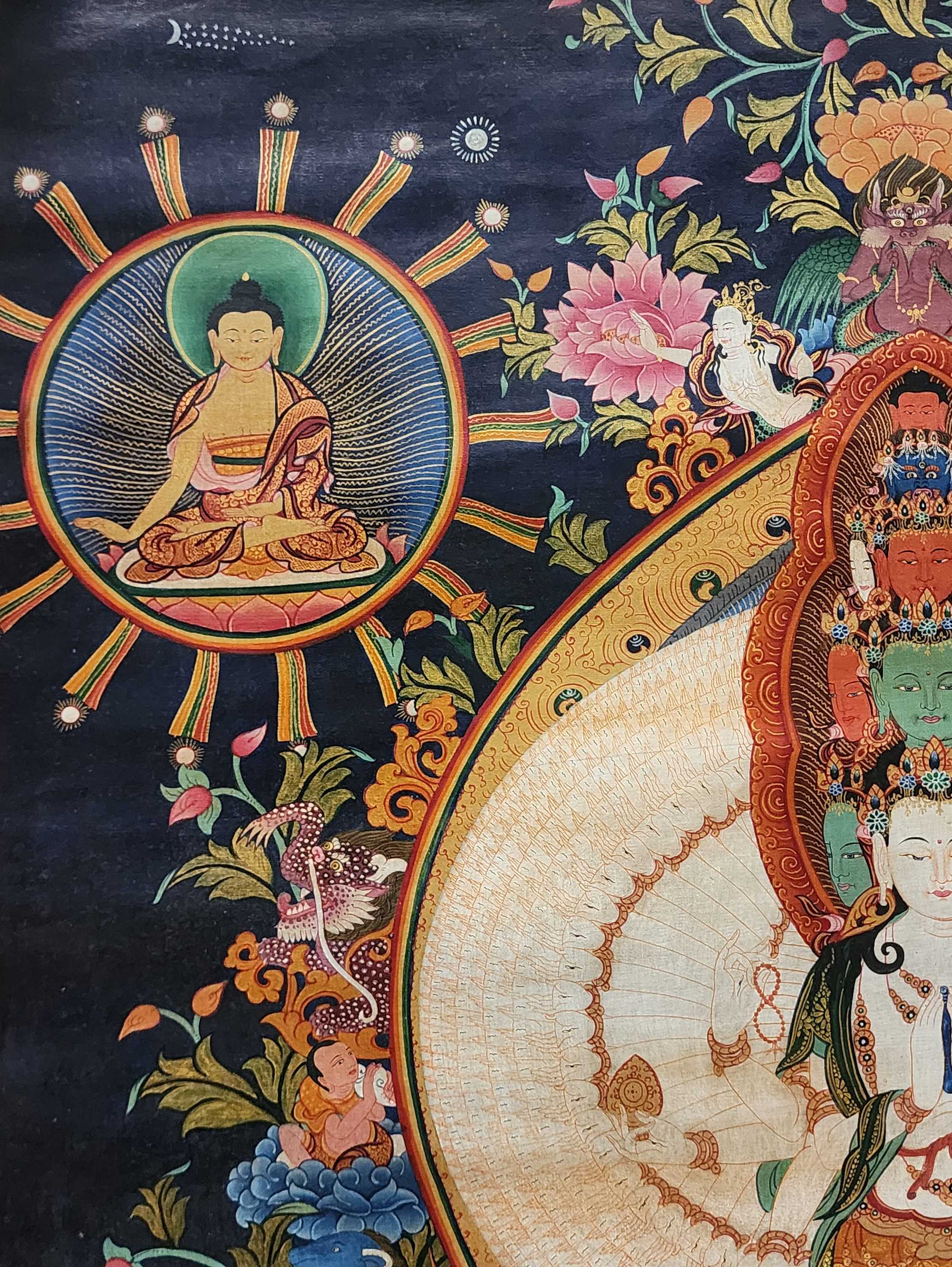 Sahasrabhuja Avalokitesvara Thangka, master Quality, Buddhist Traditional Painting, Tibetan Style, real Gold, oiled Thangka, old Stock