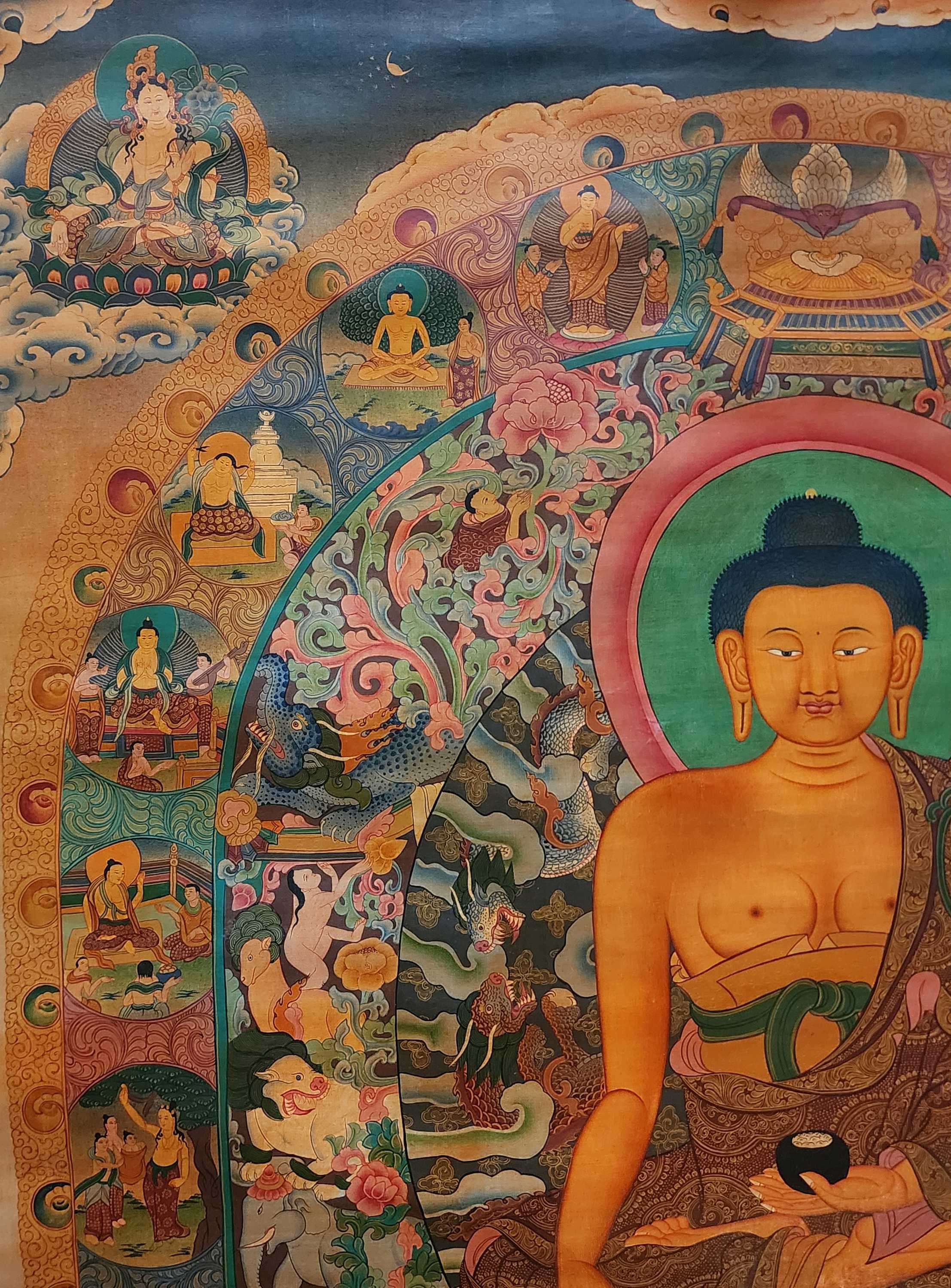 Shakyamuni Buddha Thangka, Buddhist Traditional Painting, Tibetan Style, real Gold, oiled Thangka, old Stock
