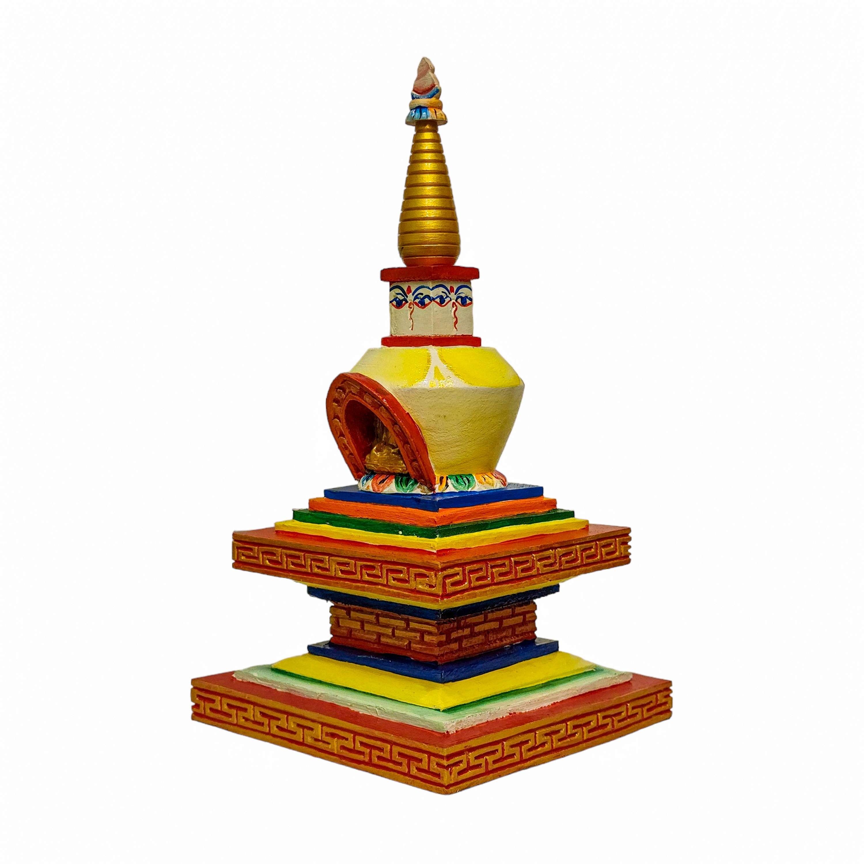 Buddhist Handmade Wooden Stupa, traditional Color