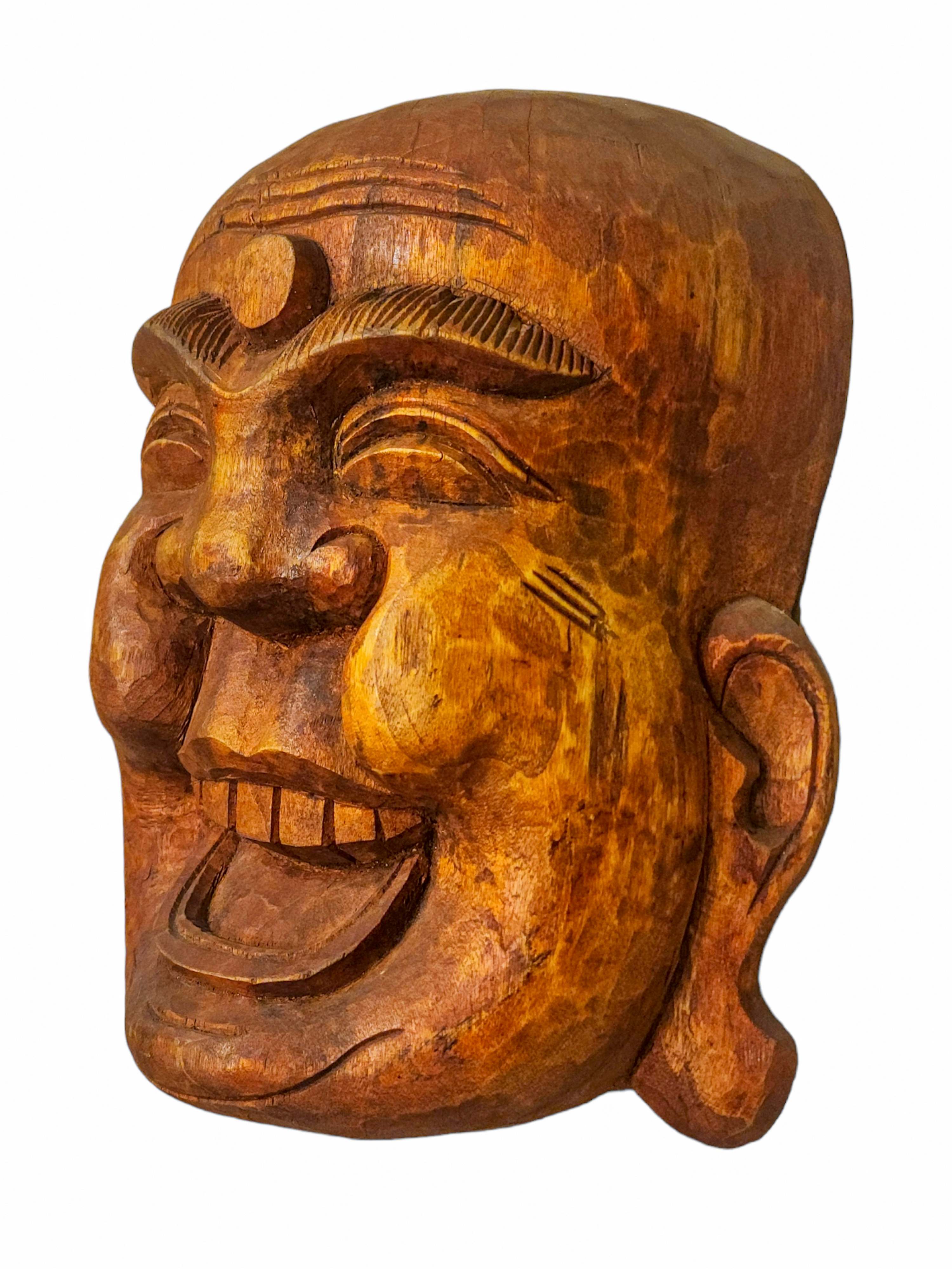 laughing Buddha, Handmade Wooden Mask, Wall Hanging, painted, Poplar Wood