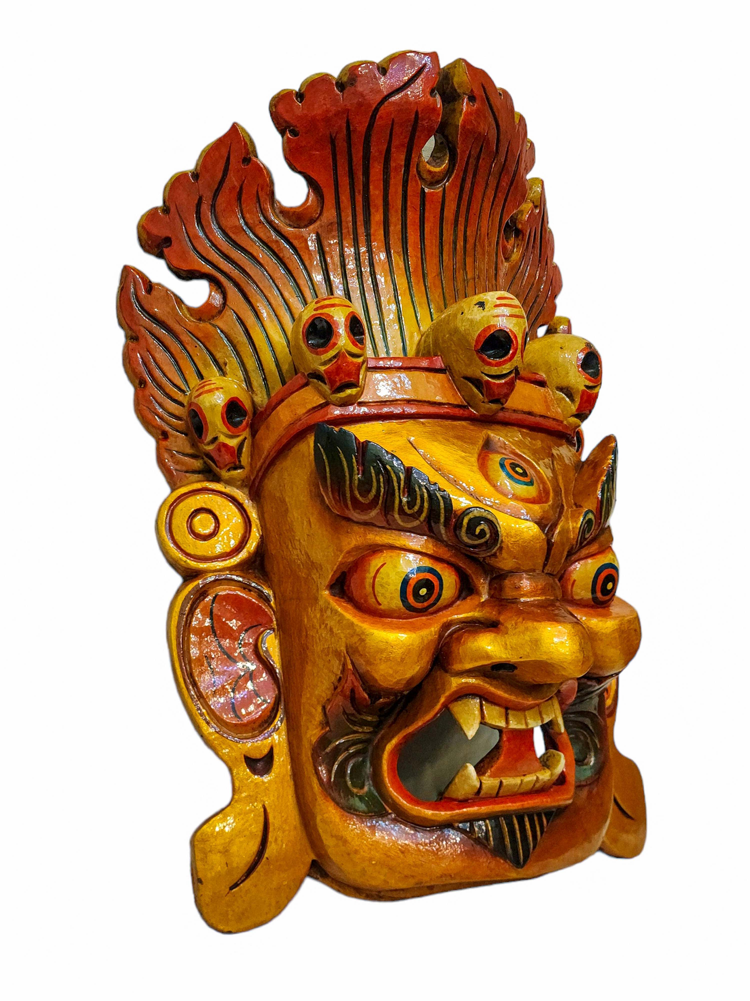 fire Bhairava, Handmade Wooden Mask, Wall Hanging, painted, Poplar Wood, Mahakala Two Arms