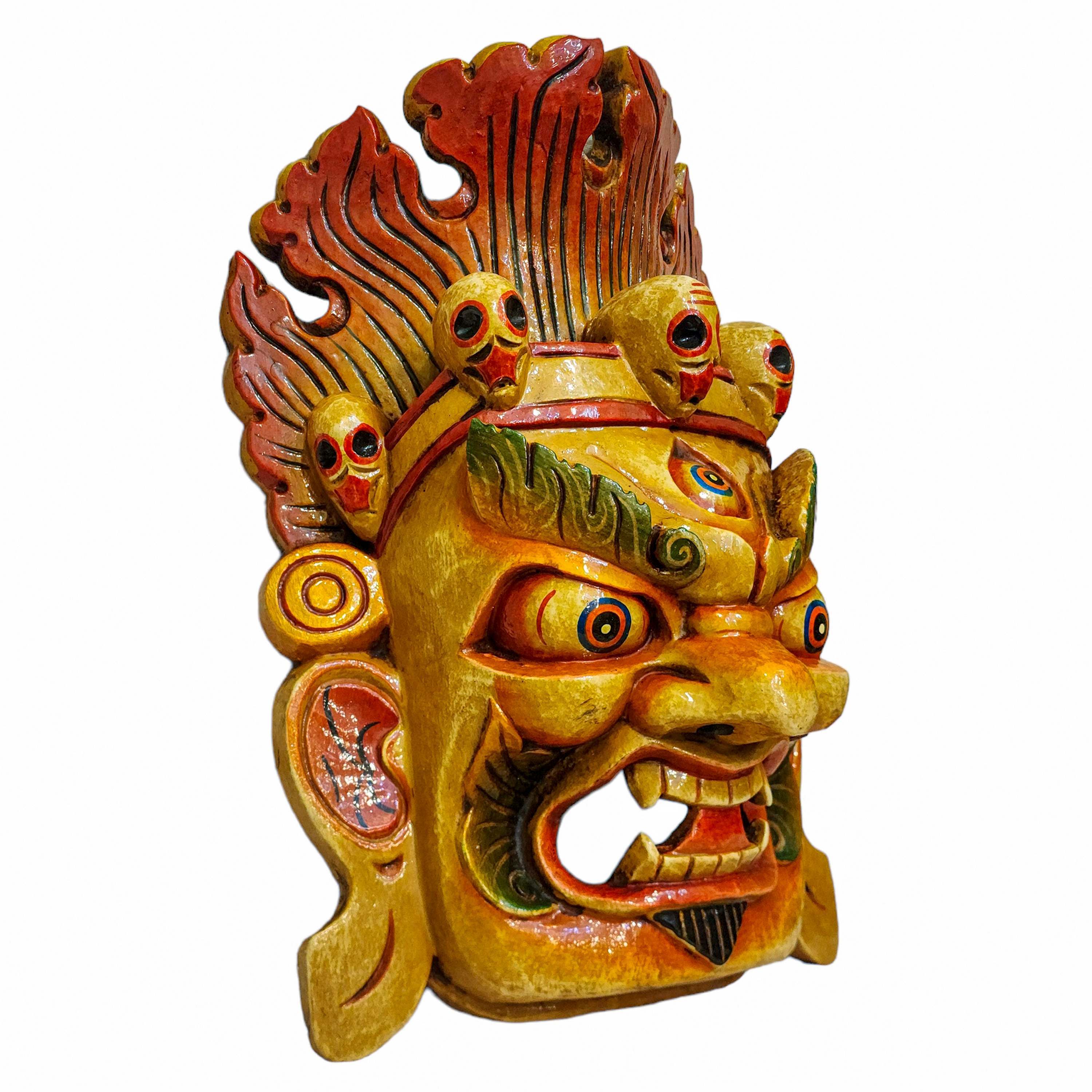 fire Bhairava, Handmade Wooden Mask, Wall Hanging, painted, Poplar Wood, Mahakala Two Arms