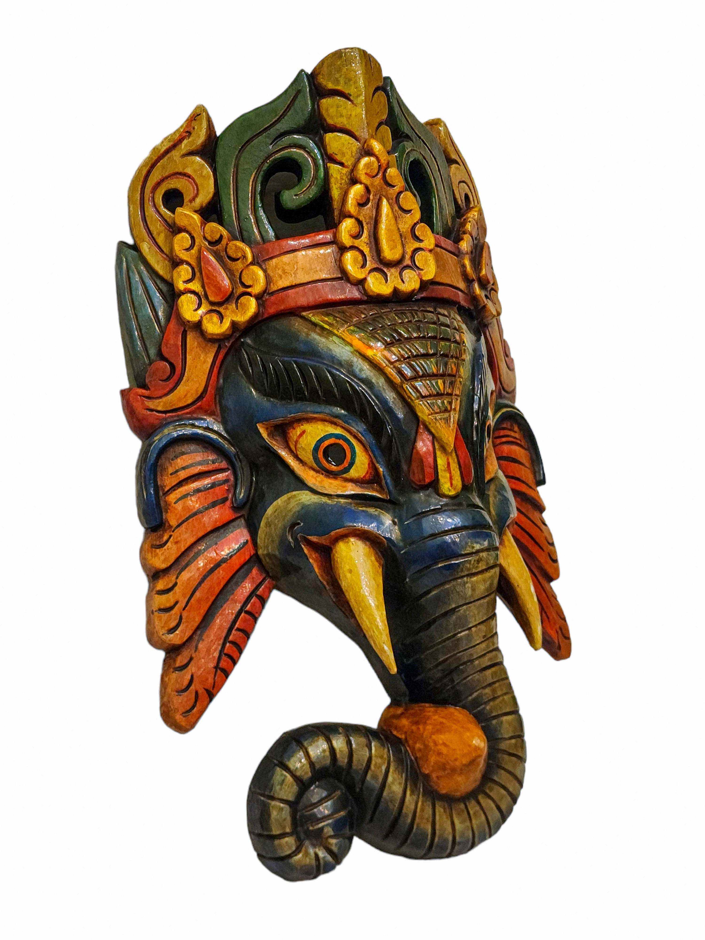 ganesh, Handmade Wooden Mask, Wall Hanging, painted, Poplar Wood