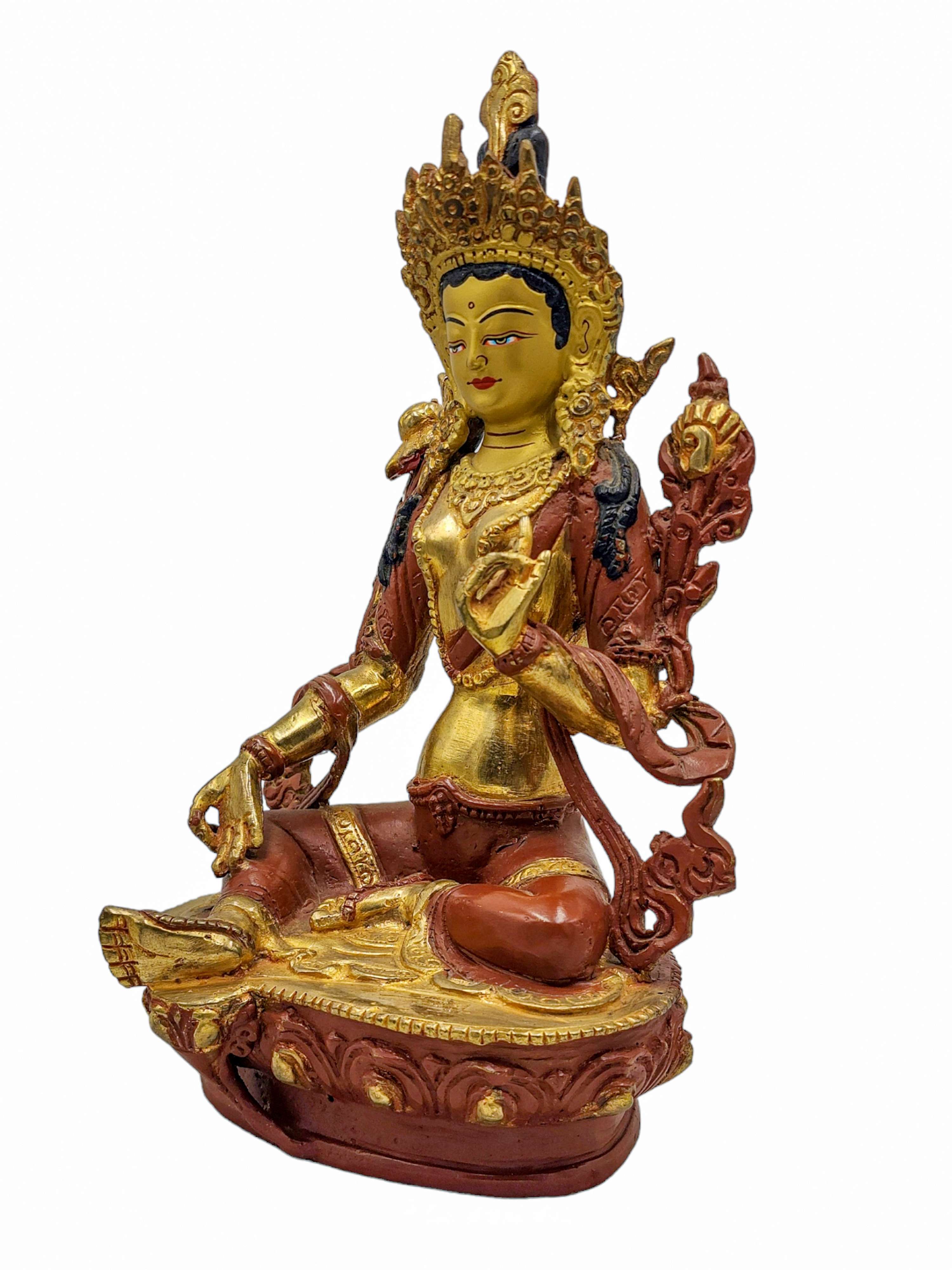 green Tara, Buddhist Handmade Statue, partly Gold Plated, Wtih face Painted