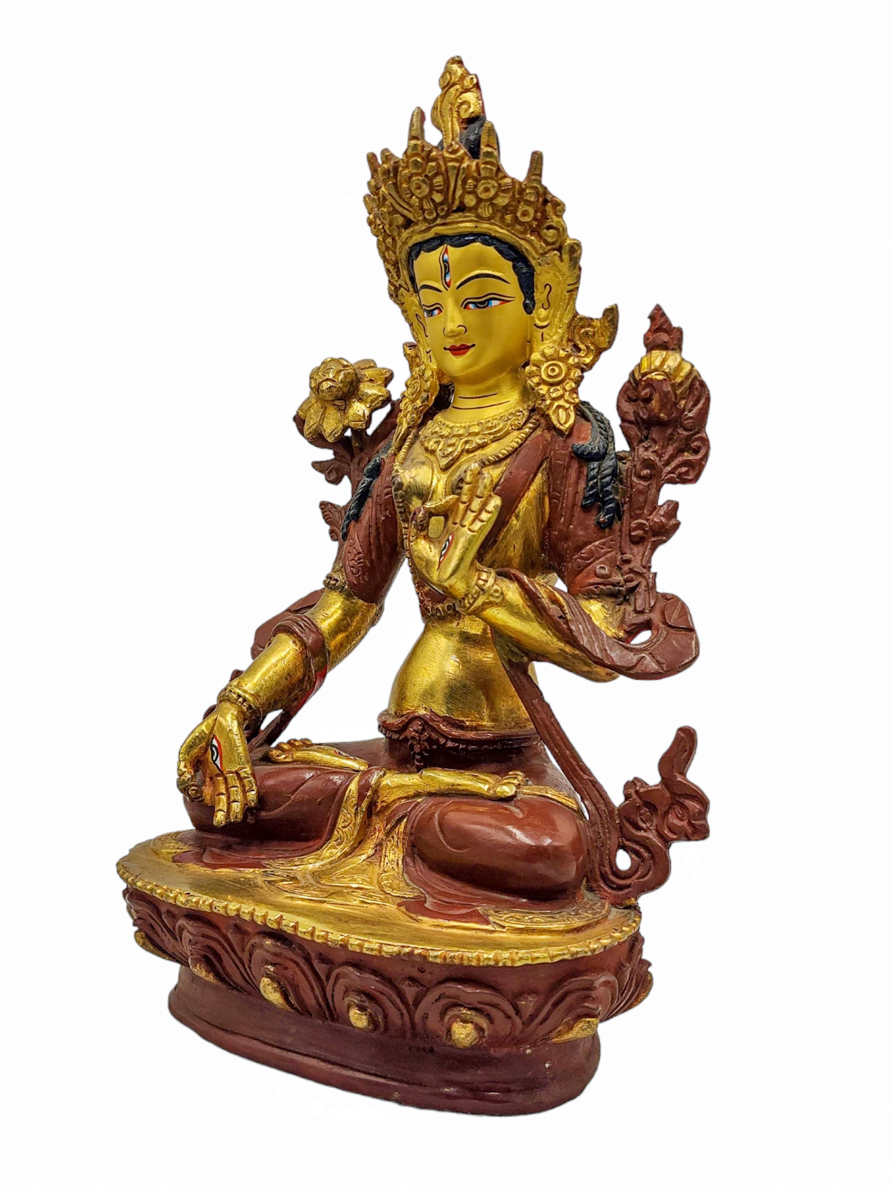 white Tara, Buddhist Handmade Statue, partly Gold Plated, Wtih face Painted