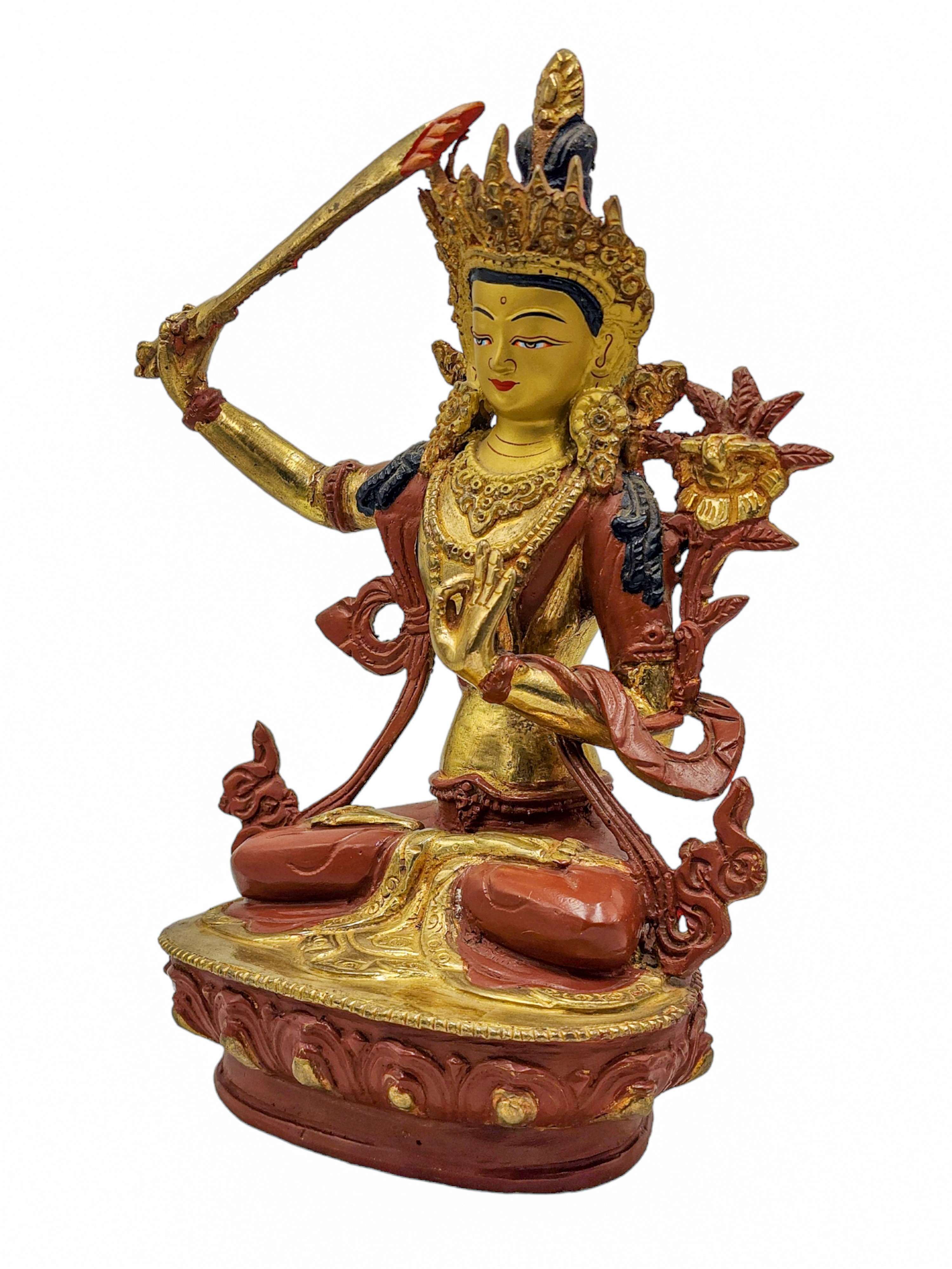 manjushree, Buddhist Handmade Statue, partly Gold Plated, Wtih face Painted