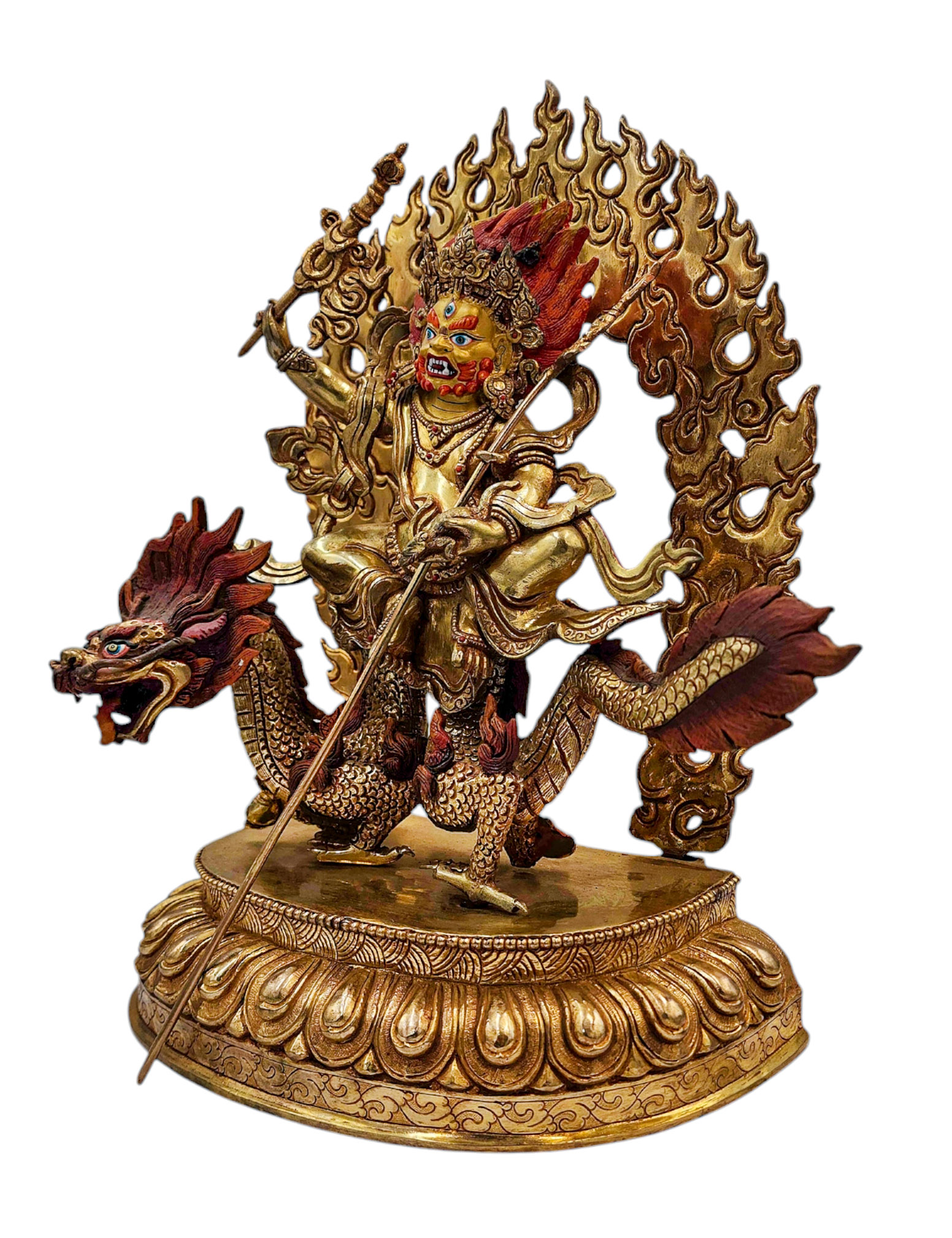 white Jambhala, dragon Jambhala, Buddhist Handmade Statue, full Gold Plated, face Paint
