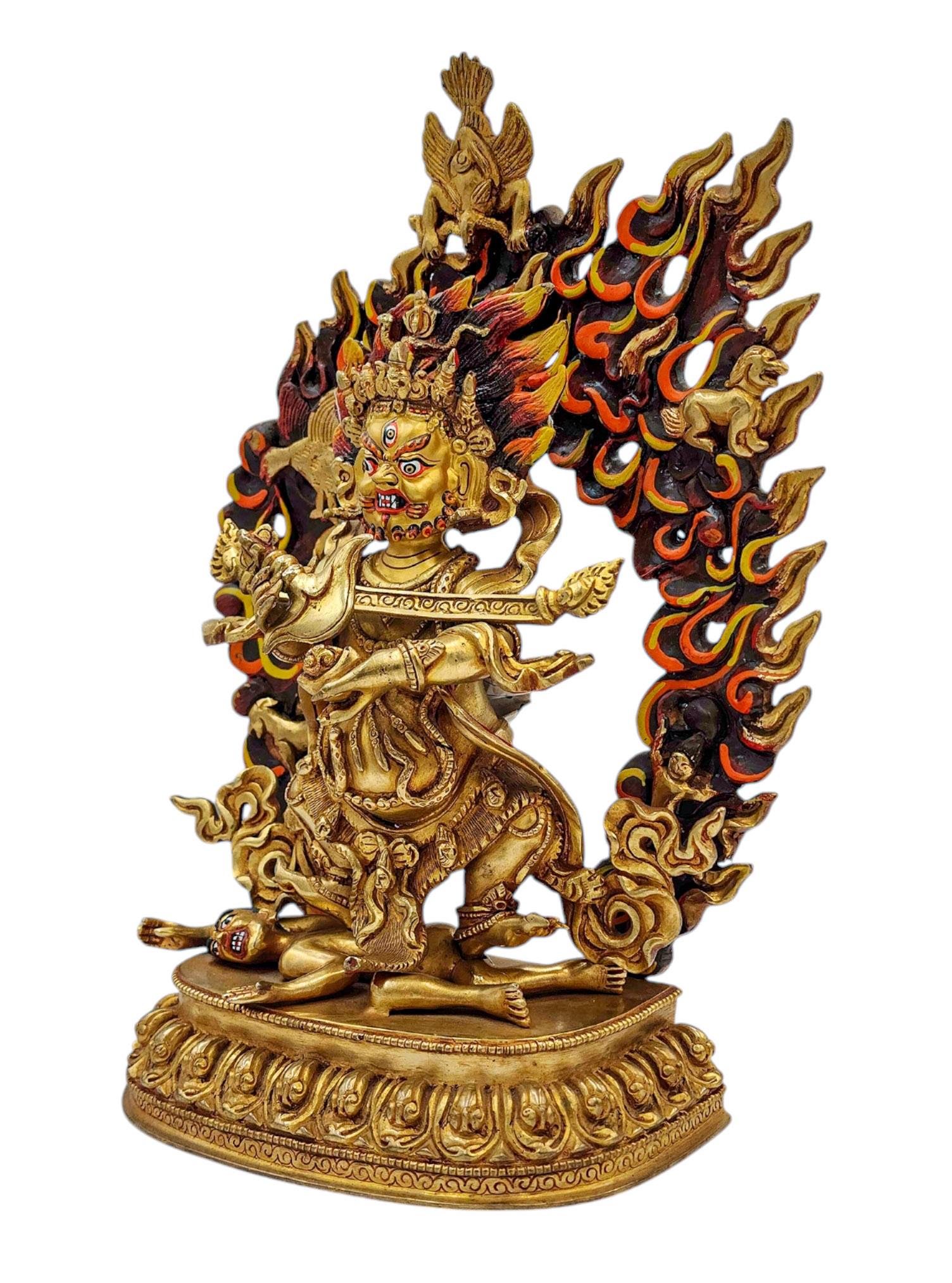 mahakala Two Arms, Buddhist Handmade Statue, full Gold Plated, face Paint