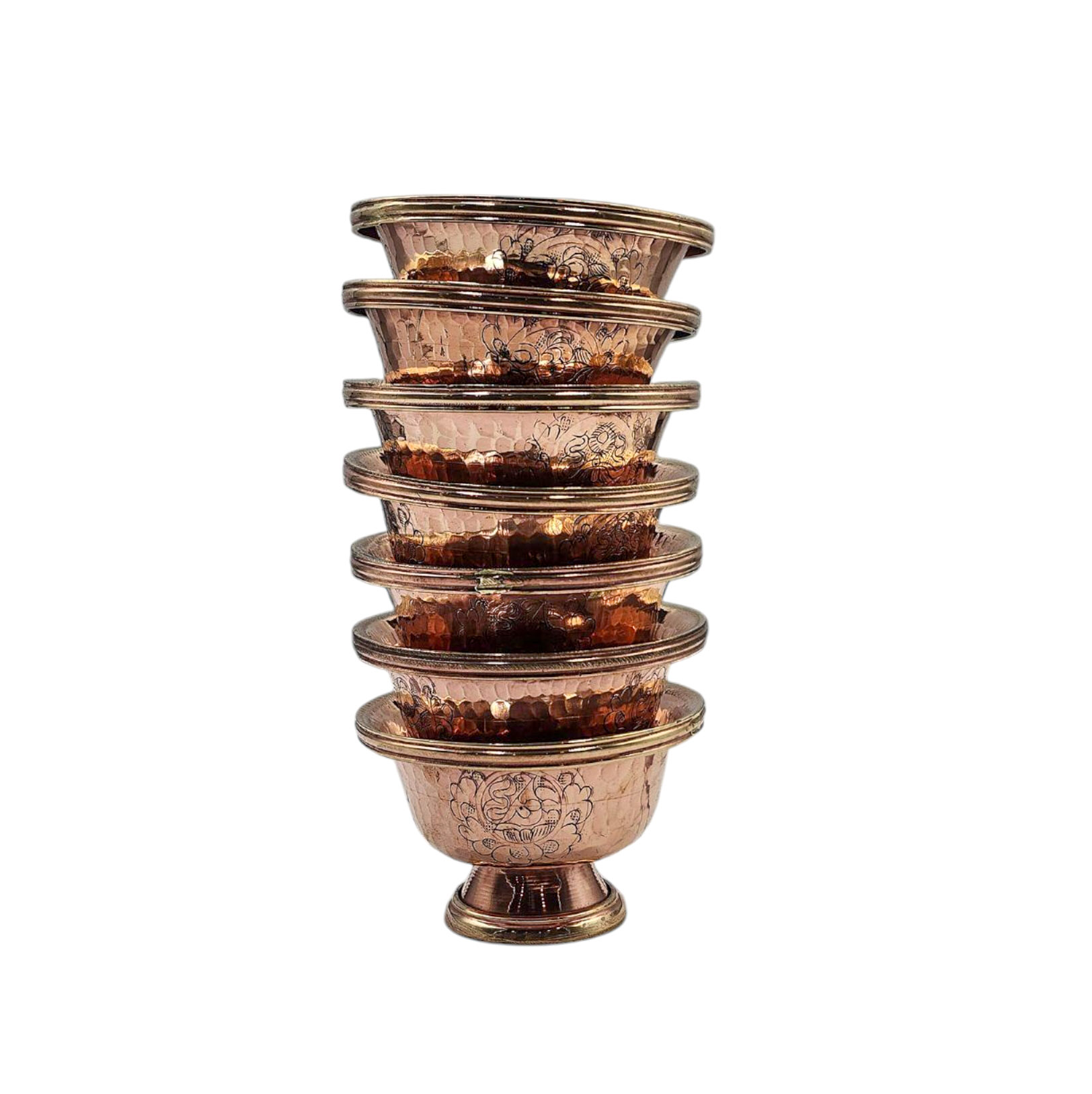 Copper Offering Bowl With Stand And Hand Carving 7 Pcs Set