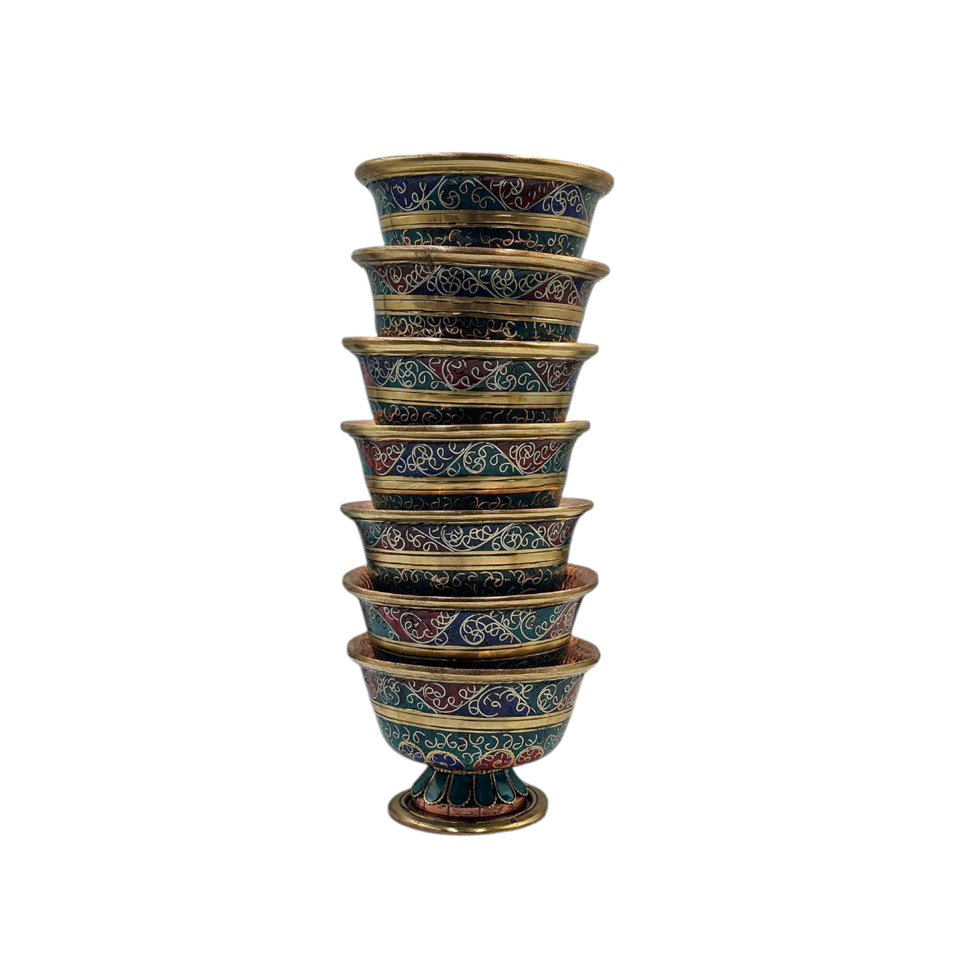 Copper Offering Bowl With Stand And Hand Carving 7 Pcs Set, stone Setting