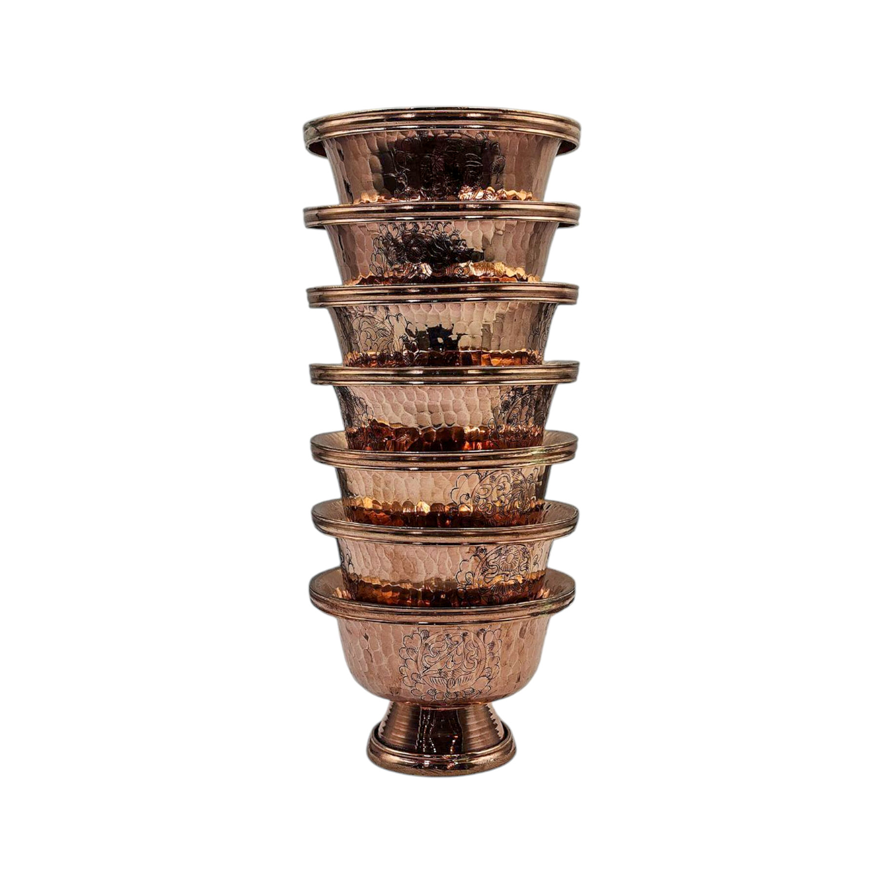 Copper Offering Bowl With Stand And Hand Carving 7 Pcs Set