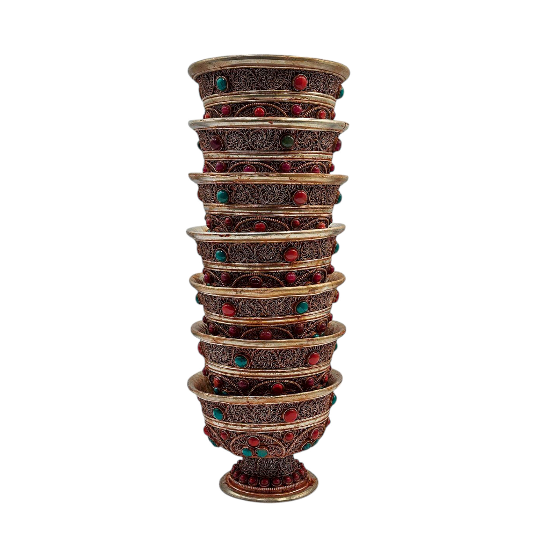 Copper Offering Bowl With Stand And Hand Carving 7 Pcs Set, electro Plating And Stone Setting