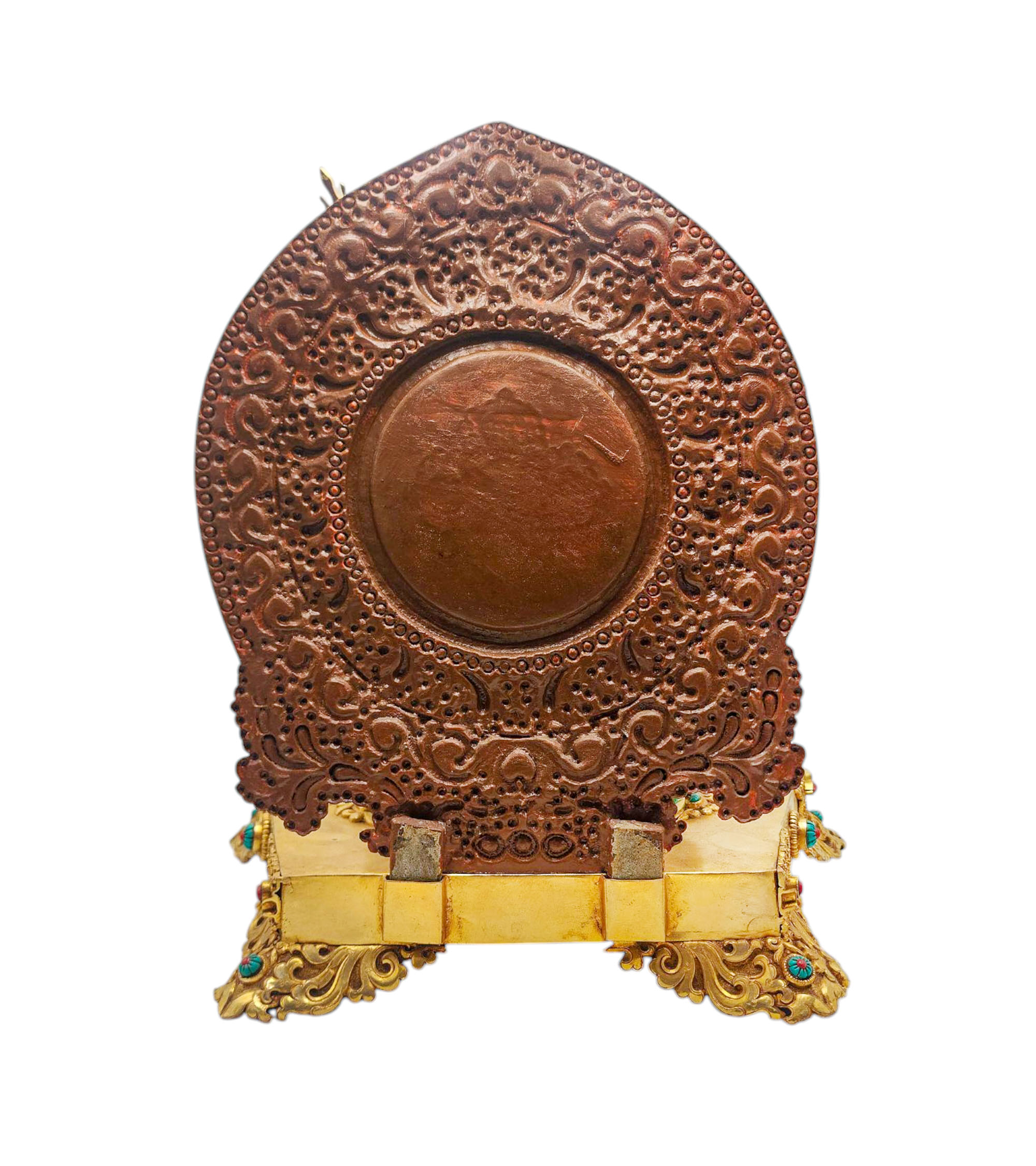 padmasambhava Buddhist Handmade Statue On Throne, gold Plated, thangka Color Finishing, stone Setting, face Painted