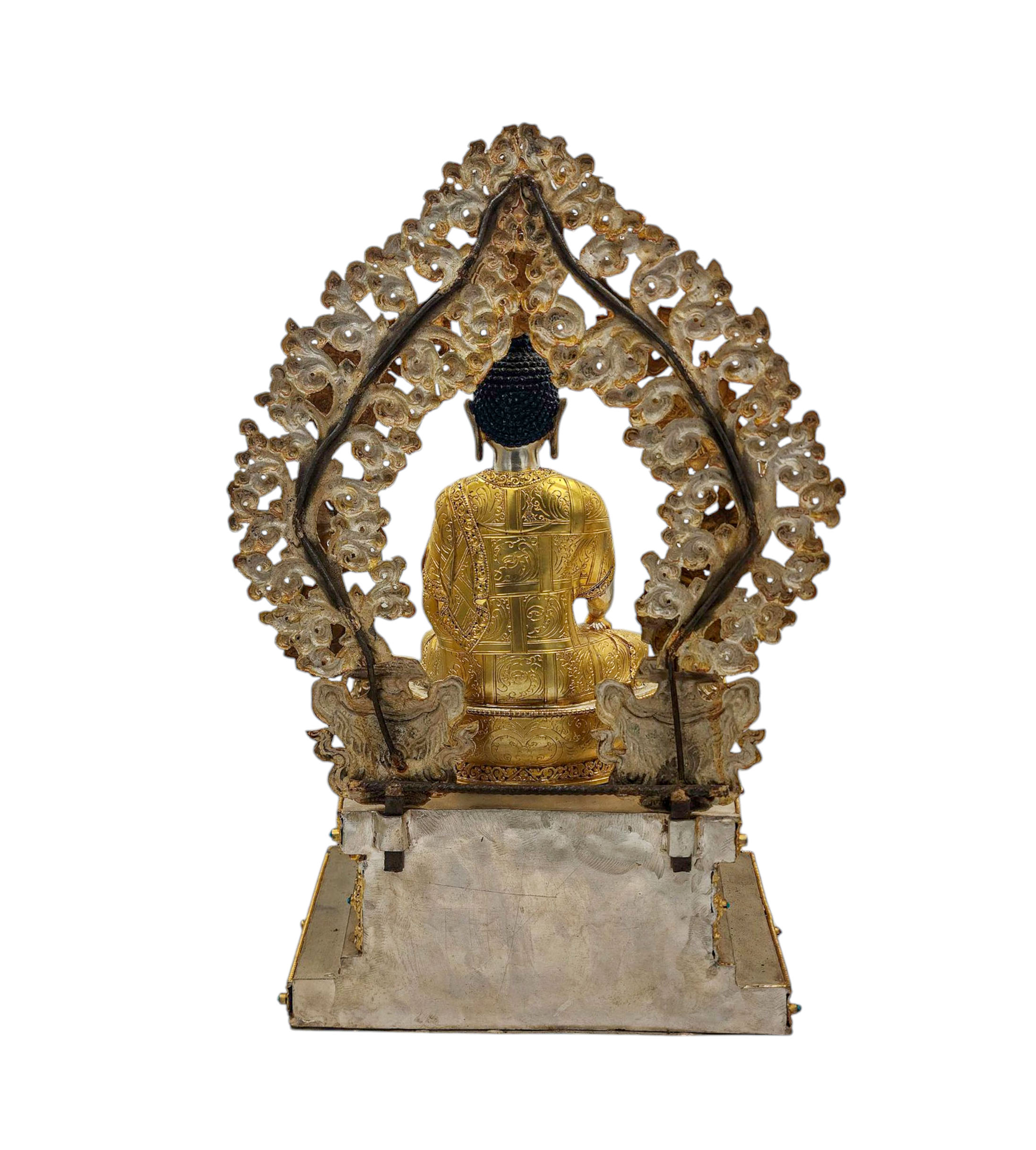 shakyamuni Buddha Buddhist Handmade Statue On Throne, silver And Gold Plated, stone Setting