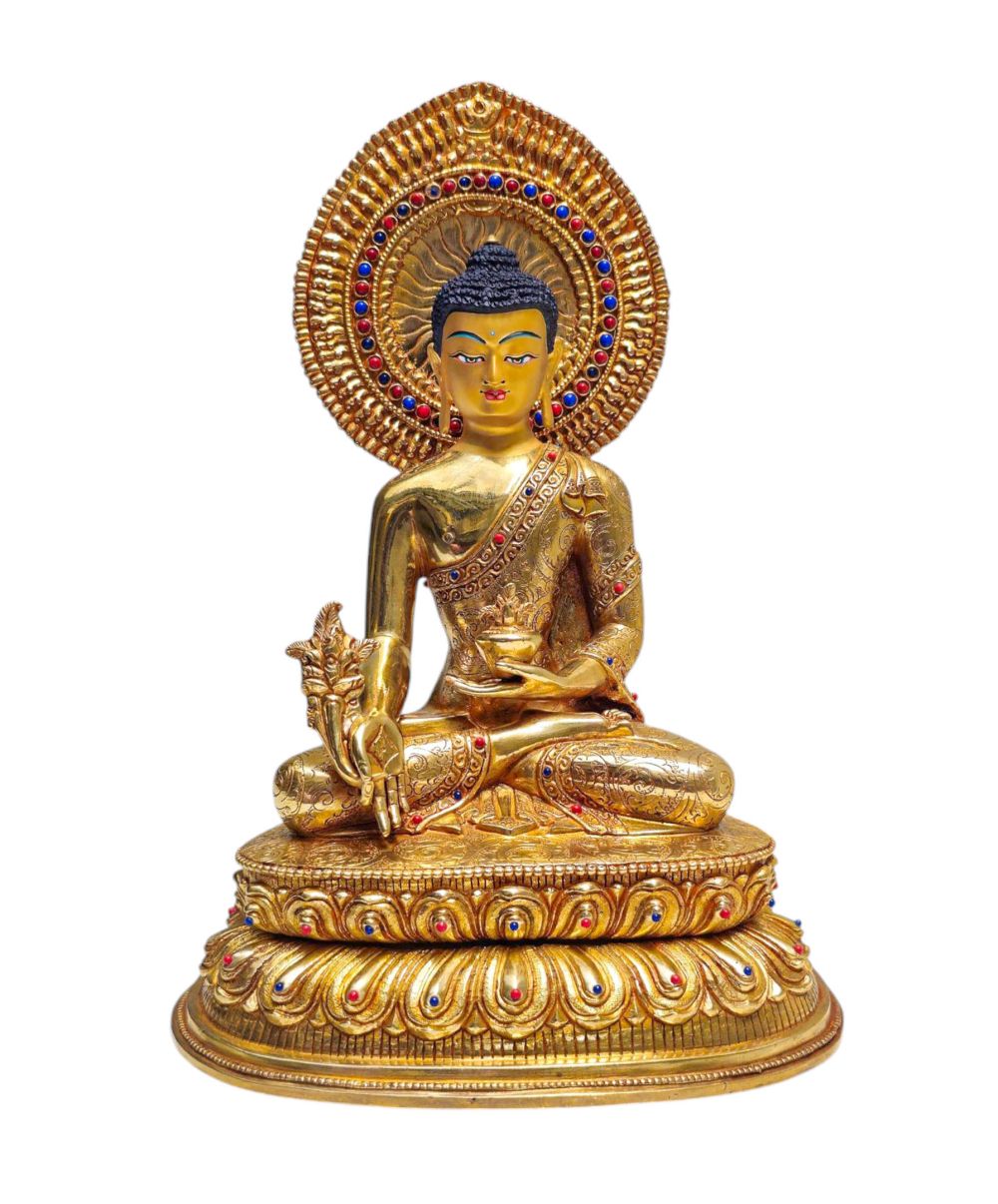 medicine Buddha, Buddhist Handmade Statue, full Gold Plated, stone Setting, face Paint