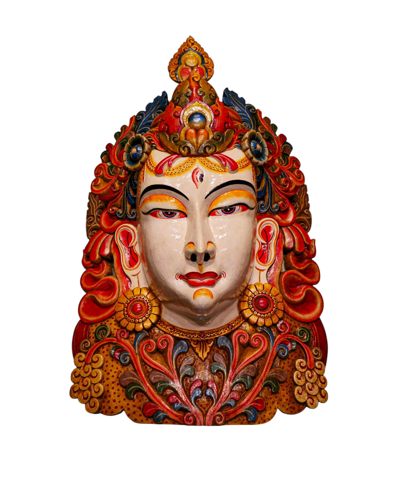 white Tara, Buddhist Handmade Wooden Mask, Wall Hanging, thangka Color Finishing, Poplar Wood