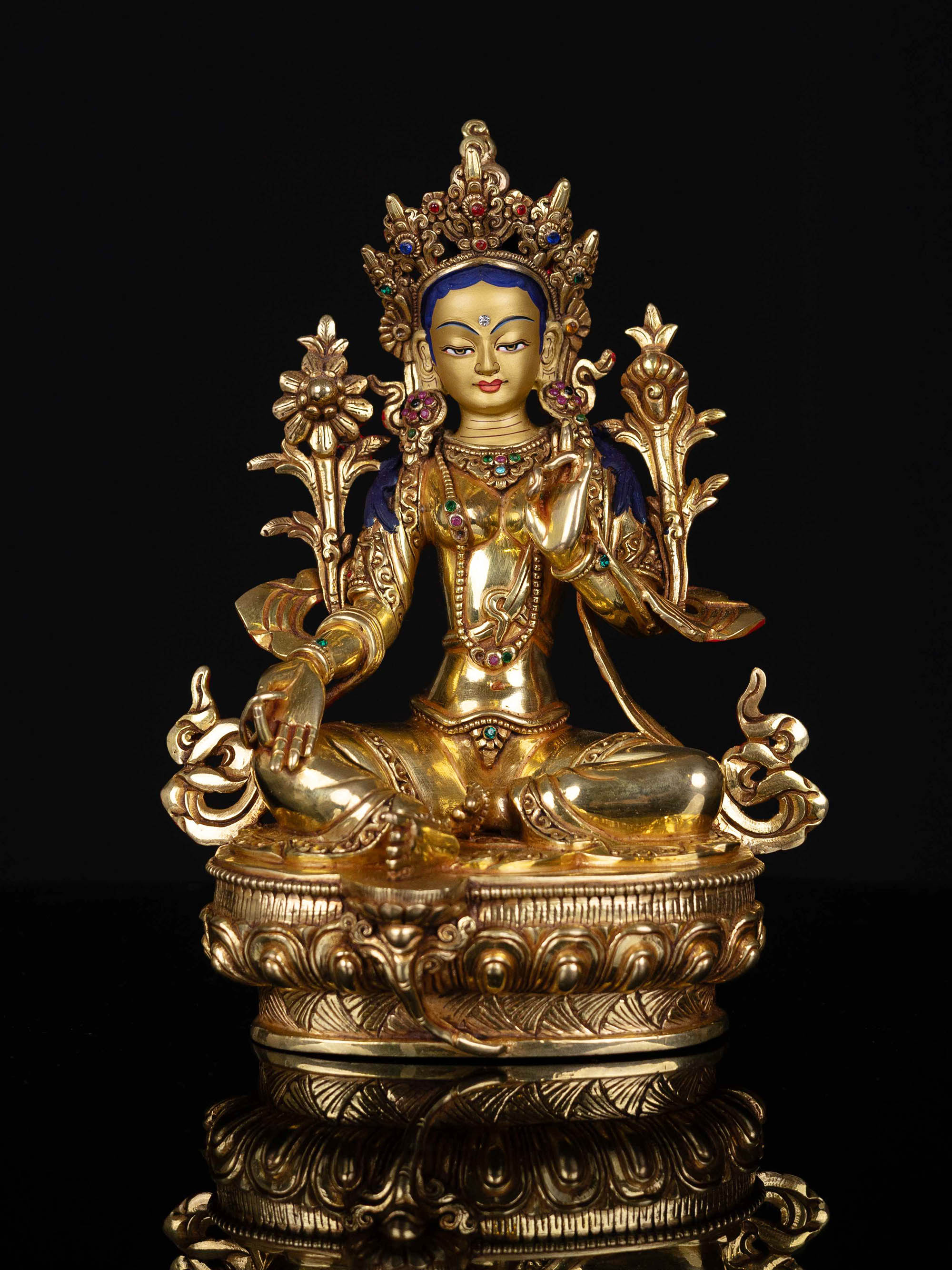 [green Tara], Buddhist Statue, [full Gold Plated], [stone Setting], [face Painted]