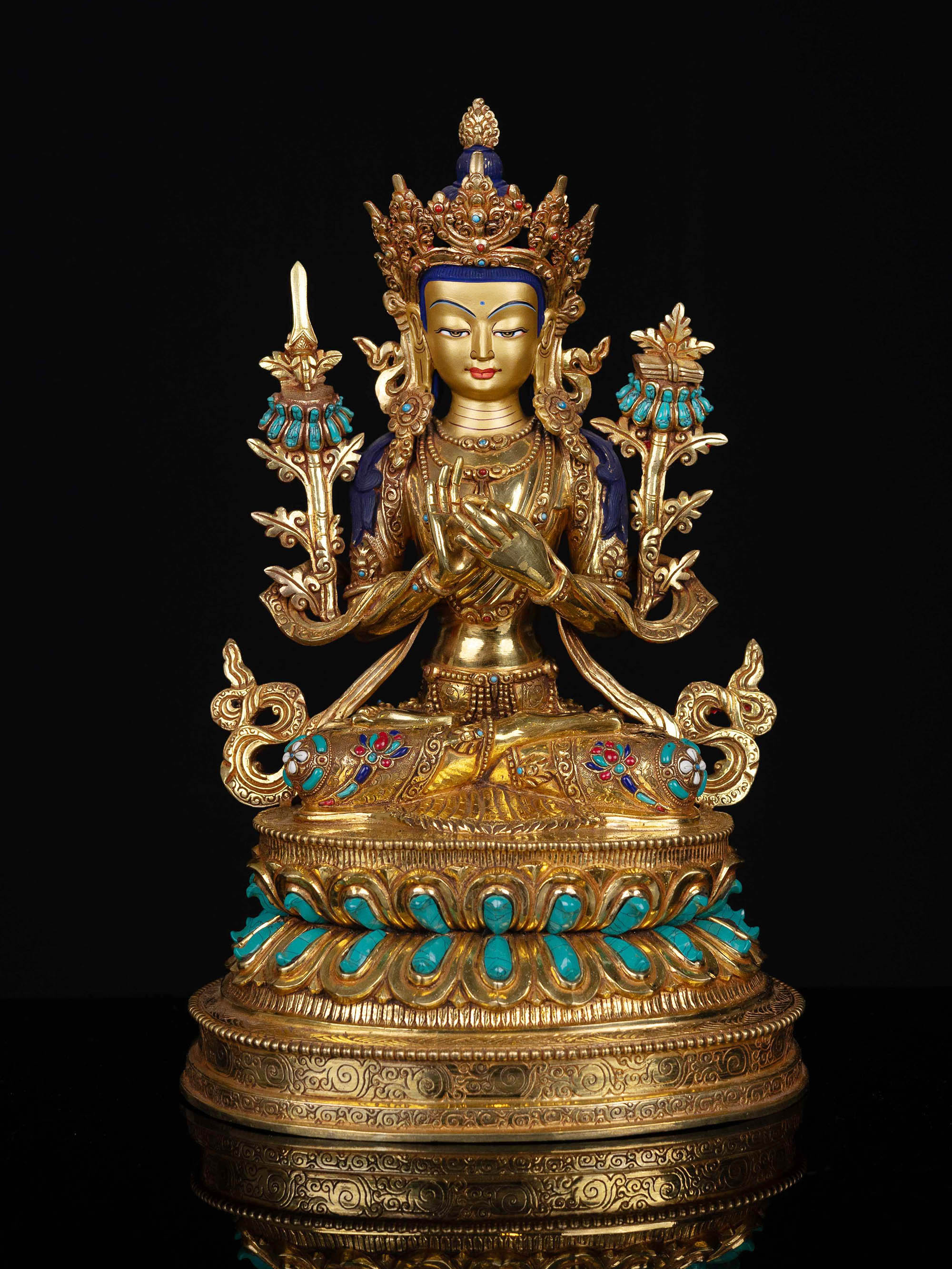 [manjushri], Buddhist Statue, [full Gold Plated], [stone Setting], [face Painted]