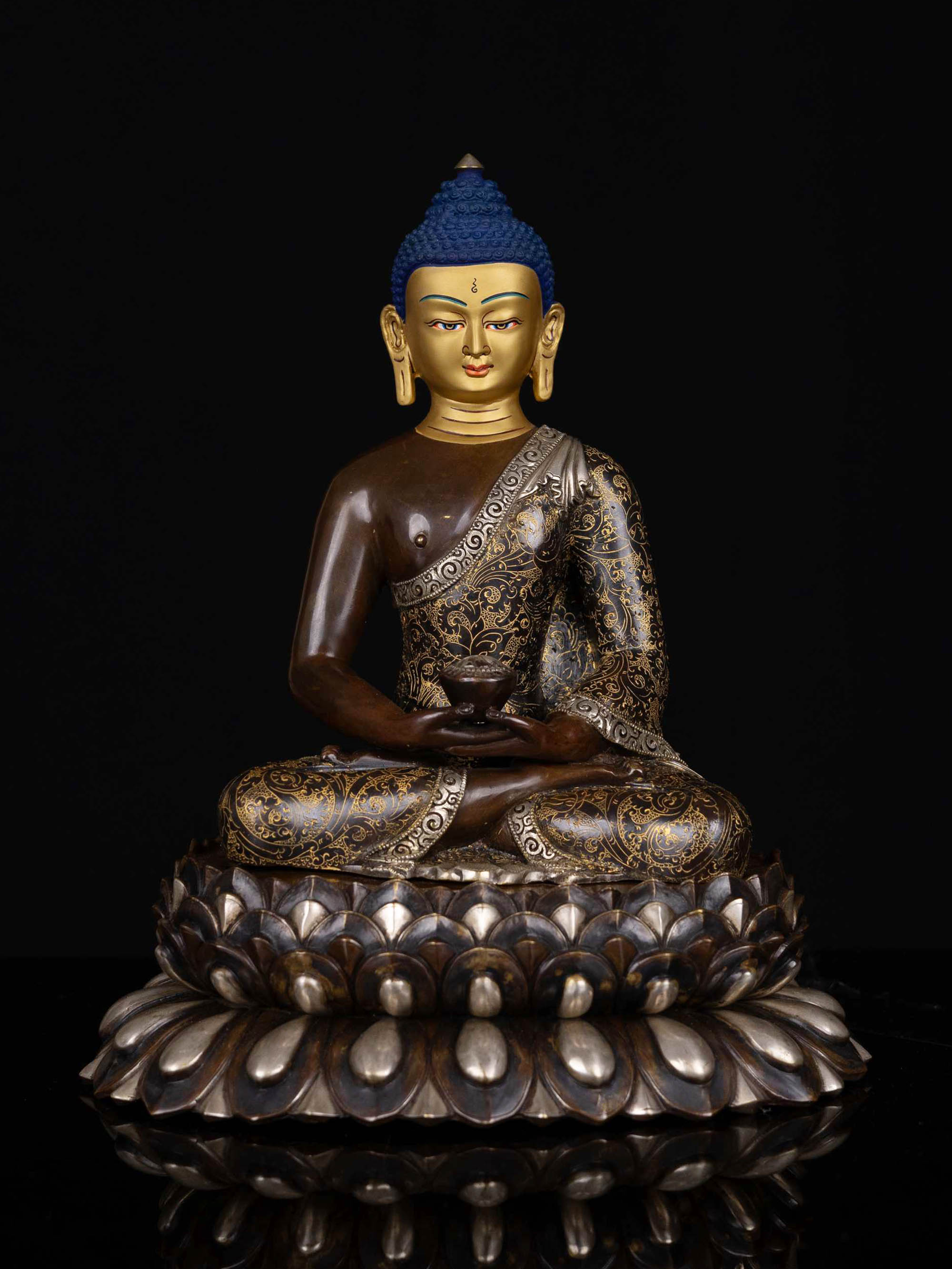 [amitabha Buddha], Buddhist Statue, [silver And Chocolate Oxidized], [face Painted]
