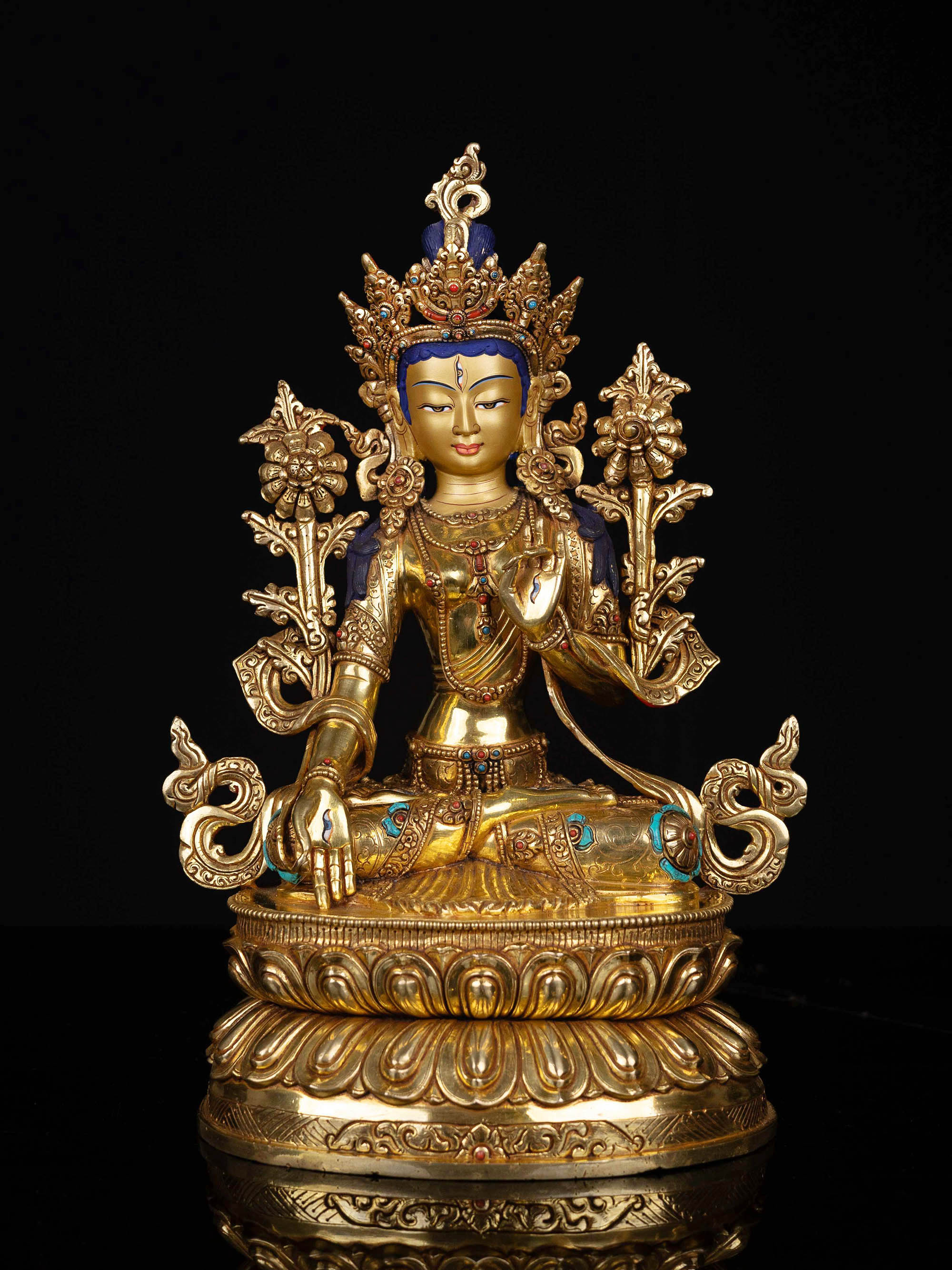 [white Tara], Buddhist Statue, [full Gold Plated], [stone Setting], [face Painted]