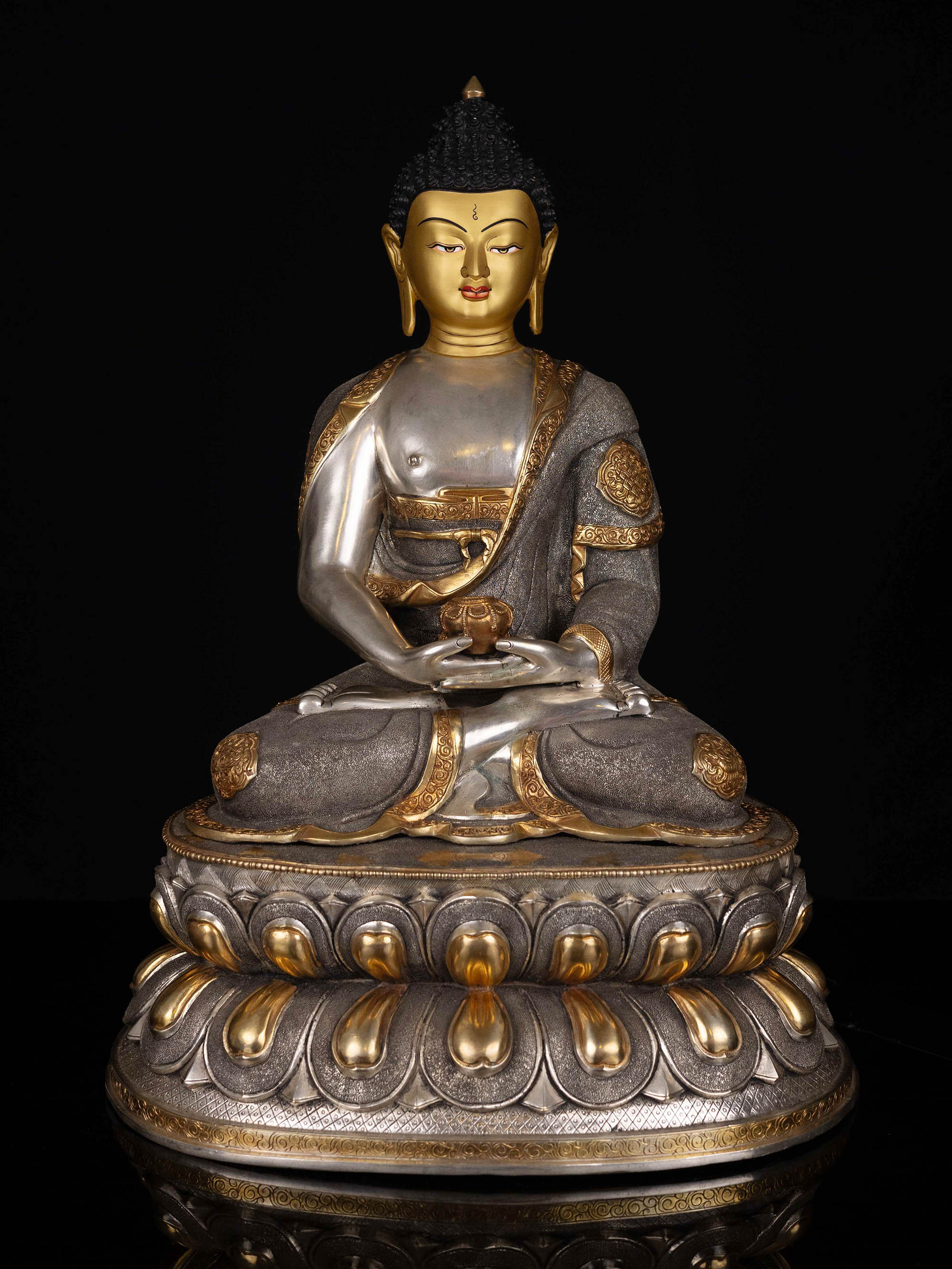 [amitabha Buddha], Buddhist Statue, [iron Oxidized], [partly Gold Plated], [face Painted]